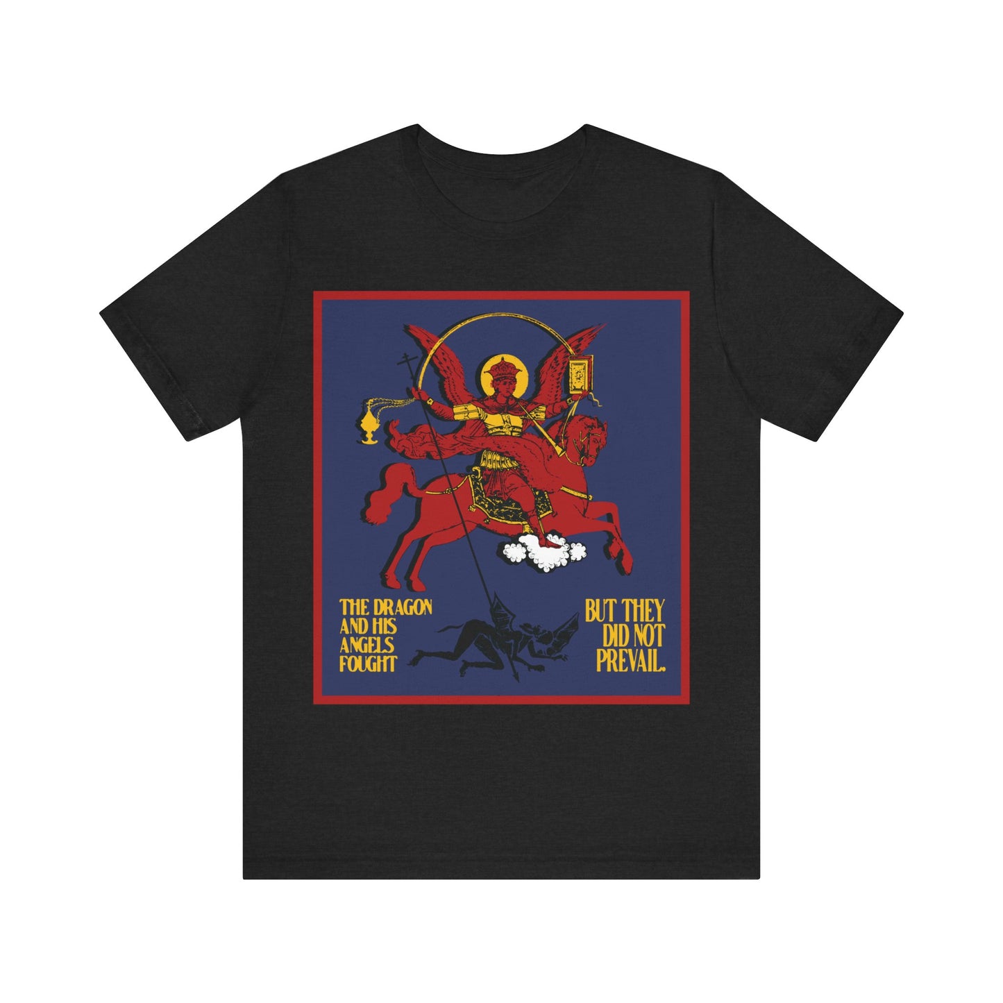 Archangel Michael of the Apocalypse IconoGraphic (Revelation 12:7-8) | Red Angel and Horse on Blue Background | Orthodox Christian T-Shirt