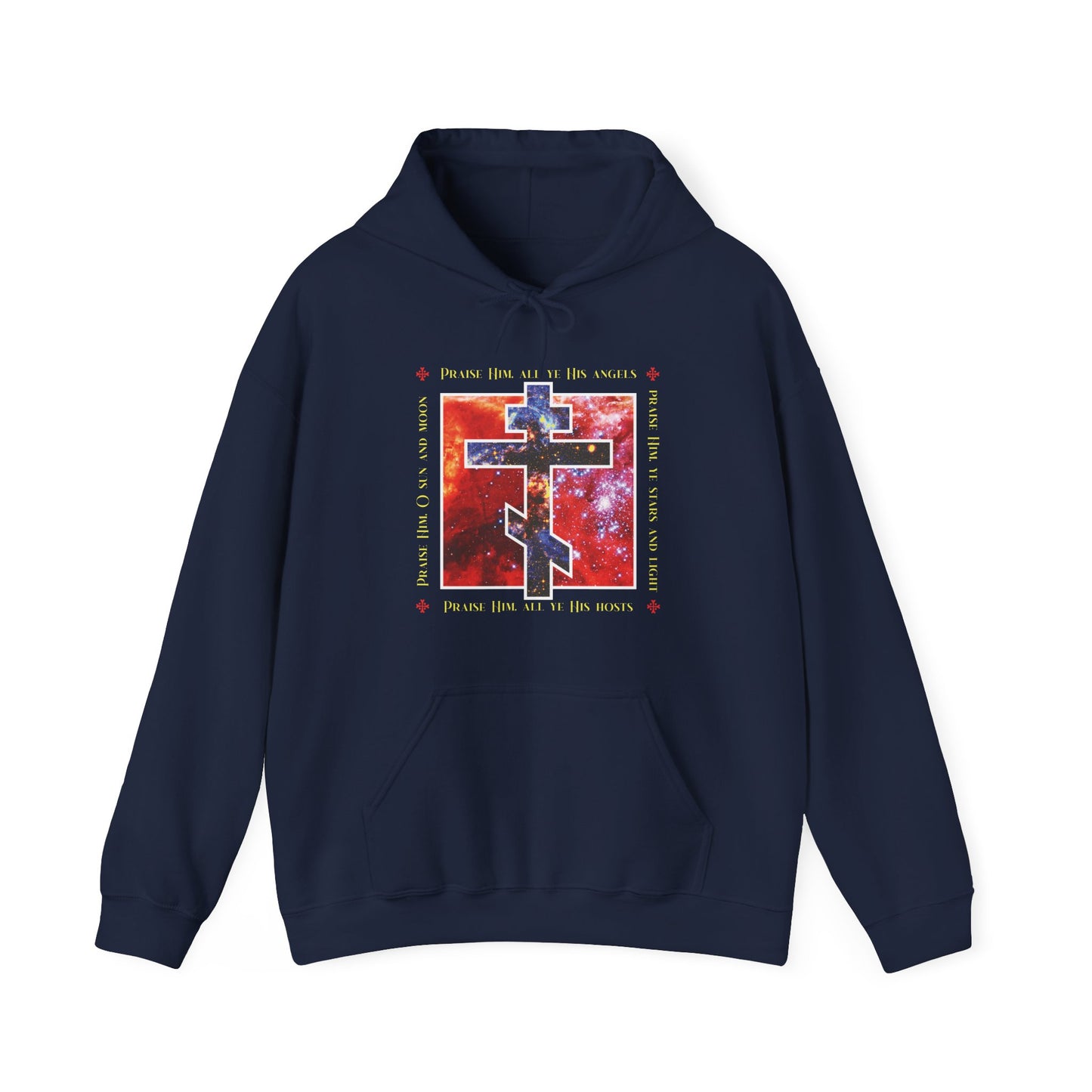 Navy "Praise Him All Ye His Angels, Praise Him Ye Stars and Light" hoodie featuring a cosmic Orthodox cross design and uplifting Christian text—part of the Divine Council Christian athleticwear collection.