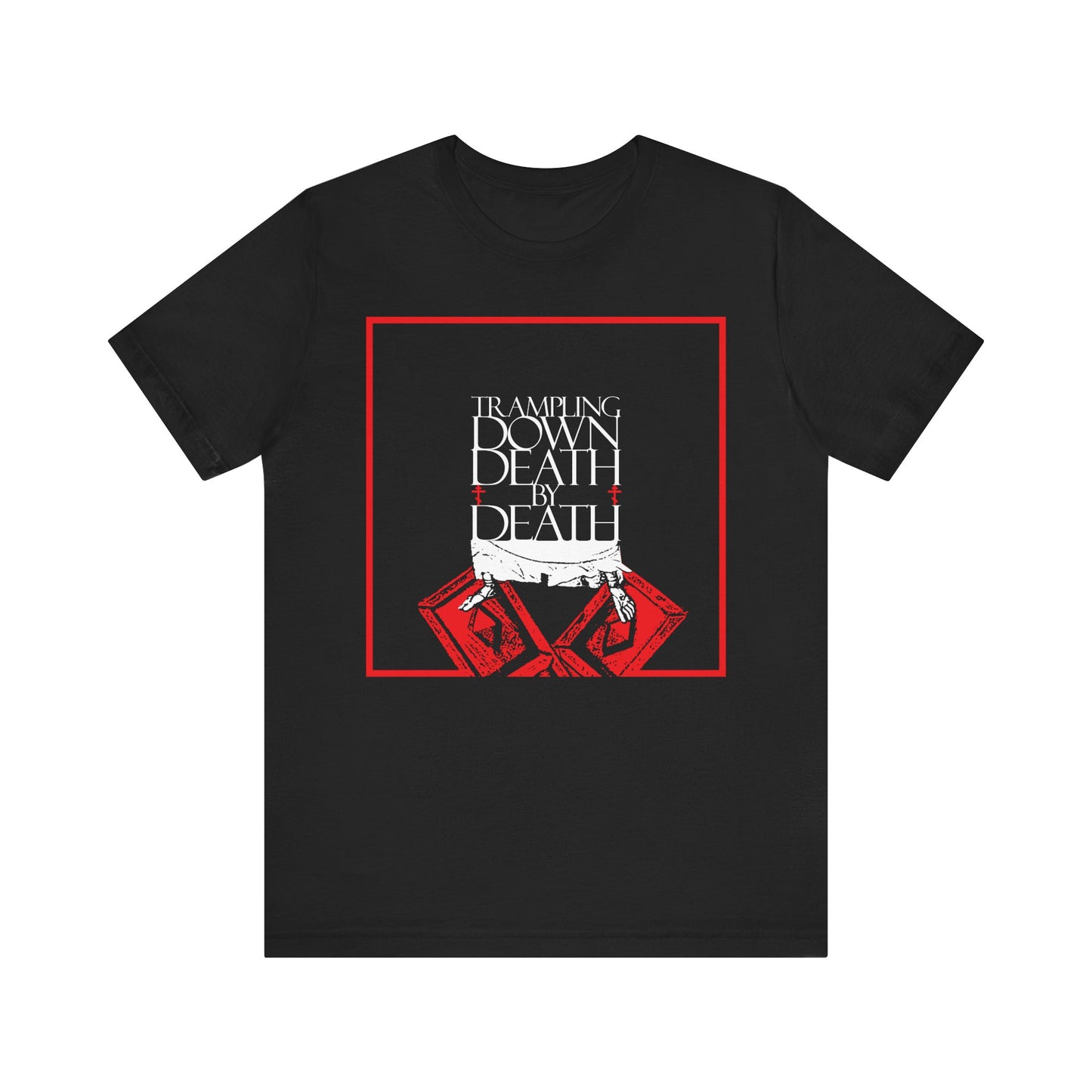 Black "Trampling Down Death By Death" tee features iconographic Jesus' feet on the Gates of Hades—a bold Orthodox Pascha graphic celebrating resurrection and eternal life. Lightweight cotton unisex fit.
