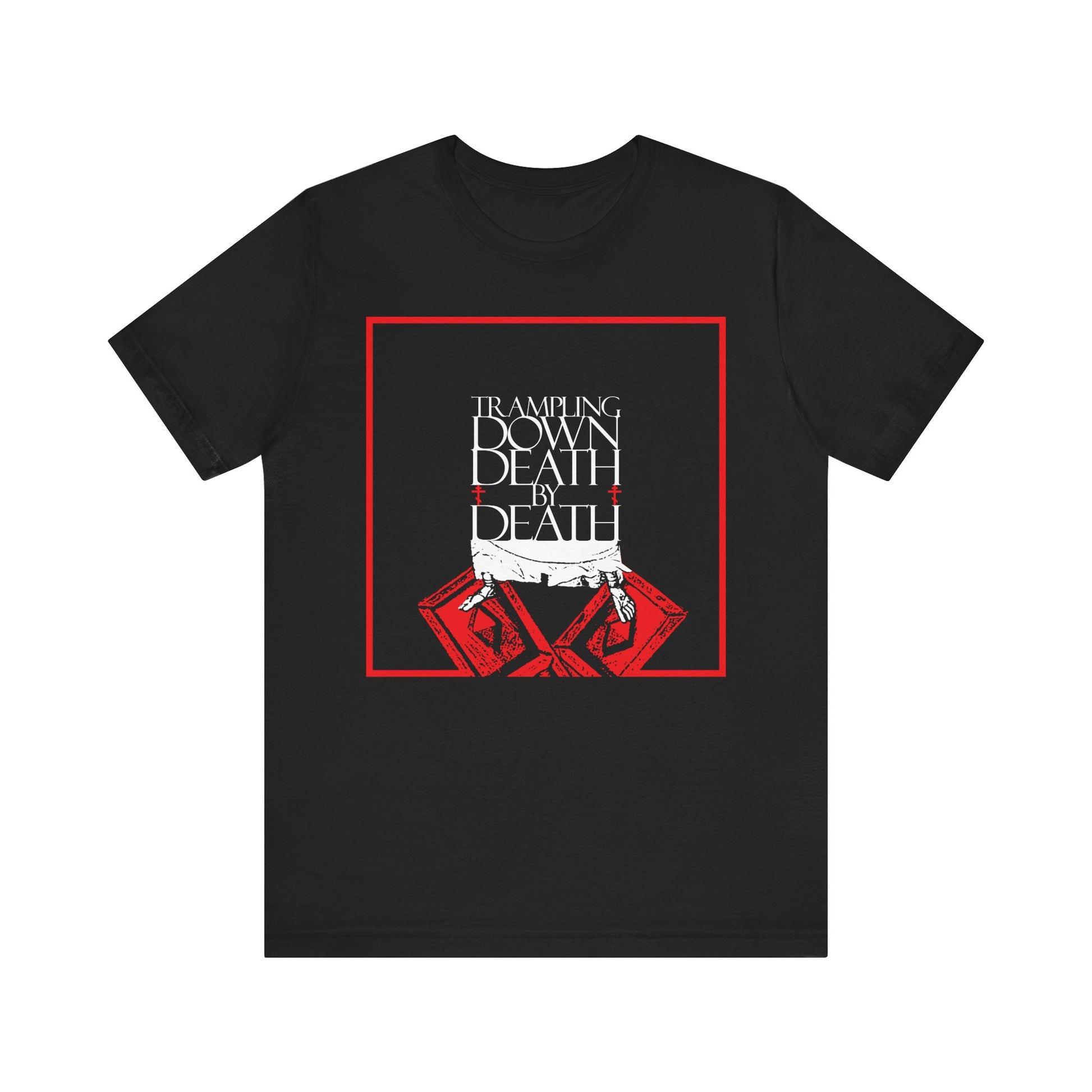 Black "Trampling Down Death By Death" tee features iconographic Jesus' feet on the Gates of Hades—a bold Orthodox Pascha graphic celebrating resurrection and eternal life. Lightweight cotton unisex fit.