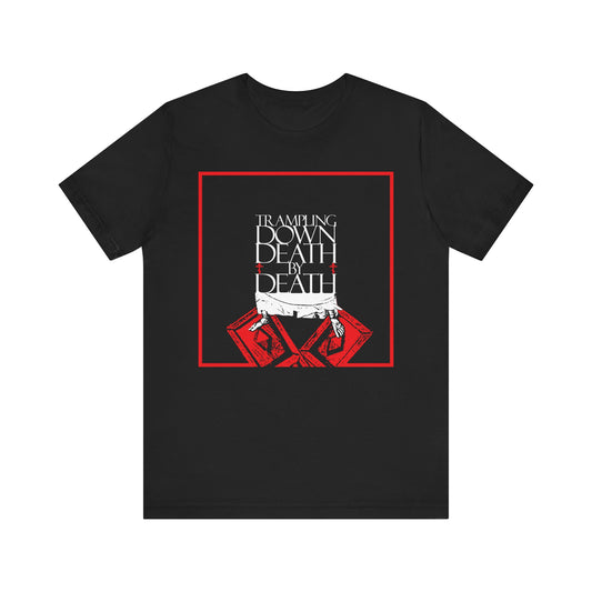 Black "Trampling Down Death By Death" tee features iconographic Jesus' feet on the Gates of Hades—a bold Orthodox Pascha graphic celebrating resurrection and eternal life. Lightweight cotton unisex fit.