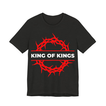 Black Heather unisex tee featuring a red crown of thorns and "KING OF KINGS" in white, inspired by Revelation 19:16. Celebrate the King of Glory—Christ is King—with this Orthodox Christian cotton shirt.