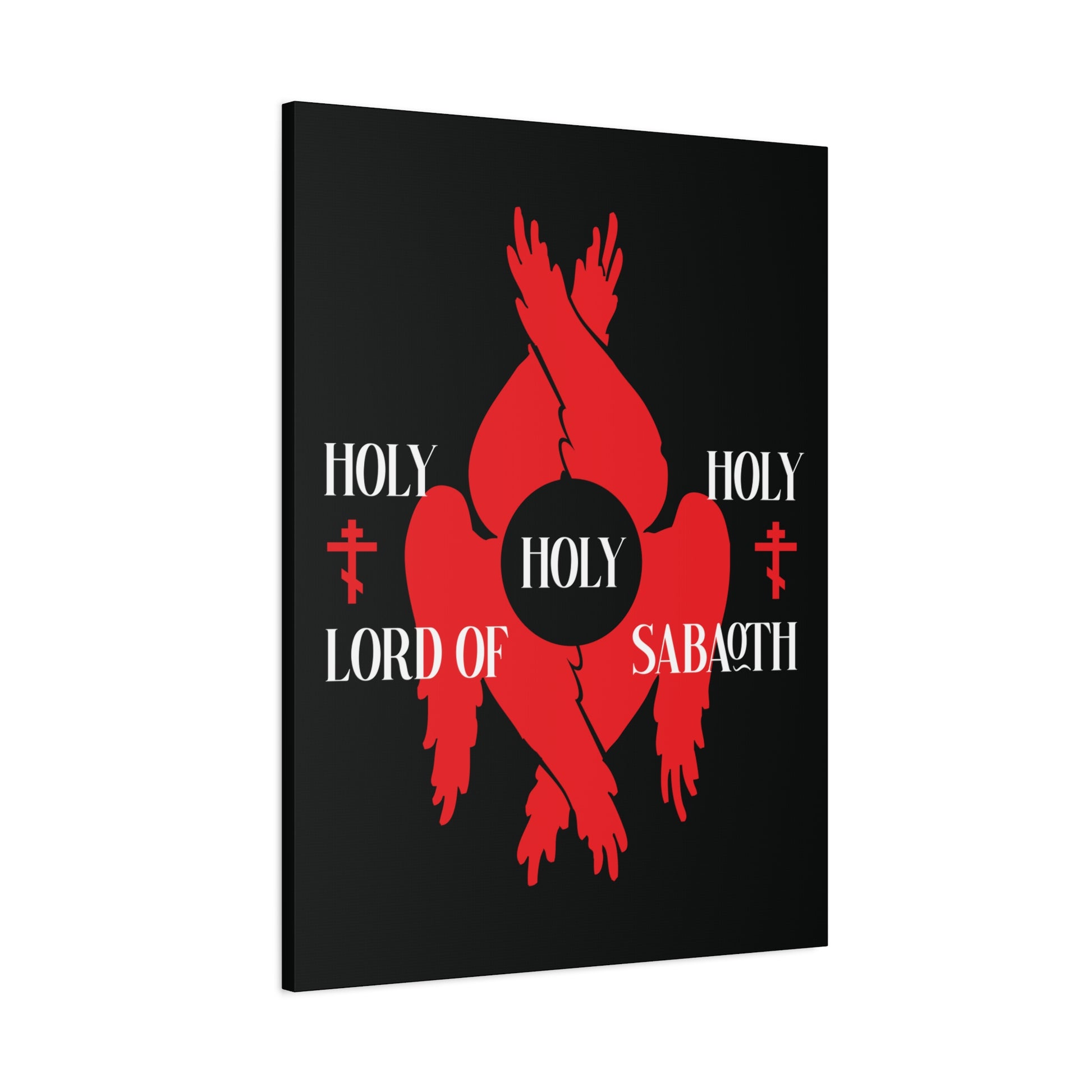 The "Holy Holy Holy Lord of Sabaoth Red Seraphim Wings Orthodox Crosses" canvas features red seraphim wings, crosses, and Isaiah 6:3 text in white, inspired by the Divine Council and Christian art.