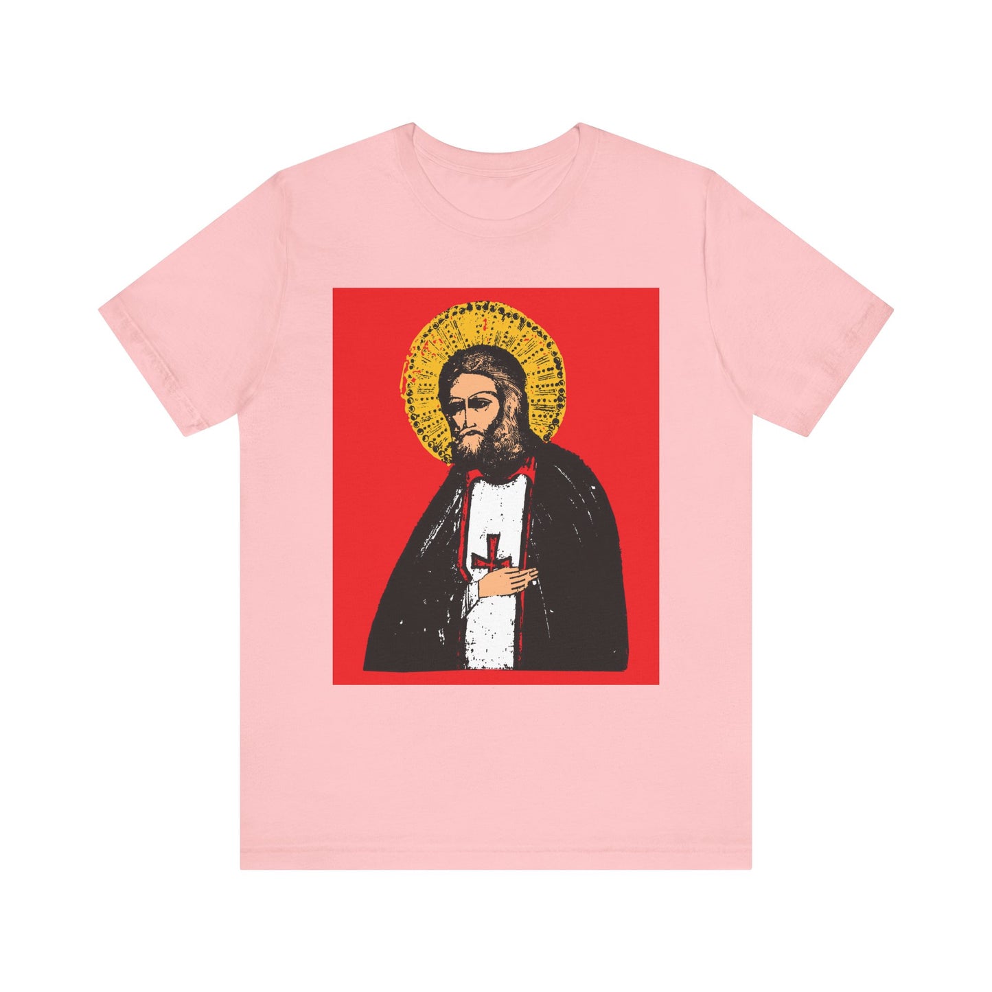 Pink unisex tee featuring a St Seraphim of Sarov icon, highlighting the Orthodox teaching that the true aim of Christian life is acquiring the Holy Spirit. Lightweight cotton. Two-sided IconoGraphic design.