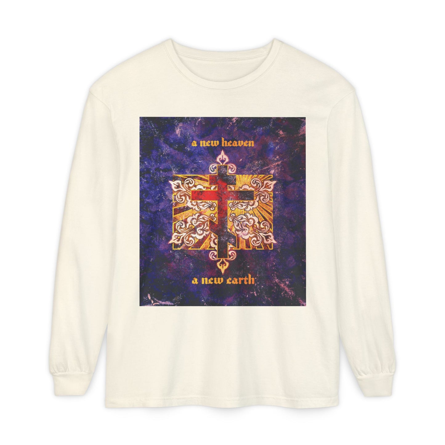 A New Heaven/A New Earth | Red Orthodox Cross on Textured Ornate Background | Red Blue & Gold Design | Orthodox Long Sleeve Cotton Shirt