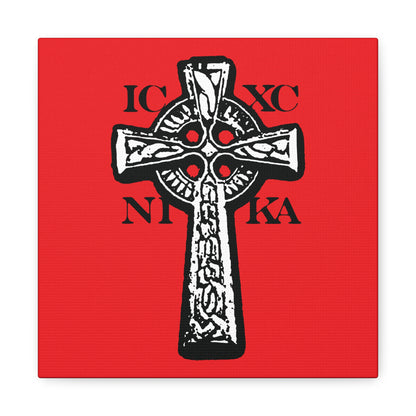 The ICXC NIKA Celtic Knotwork Cross features a black and white cross with Greek letters on a bold red background—traditional Orthodox Christian wall art celebrating Jesus Christ Conquers.