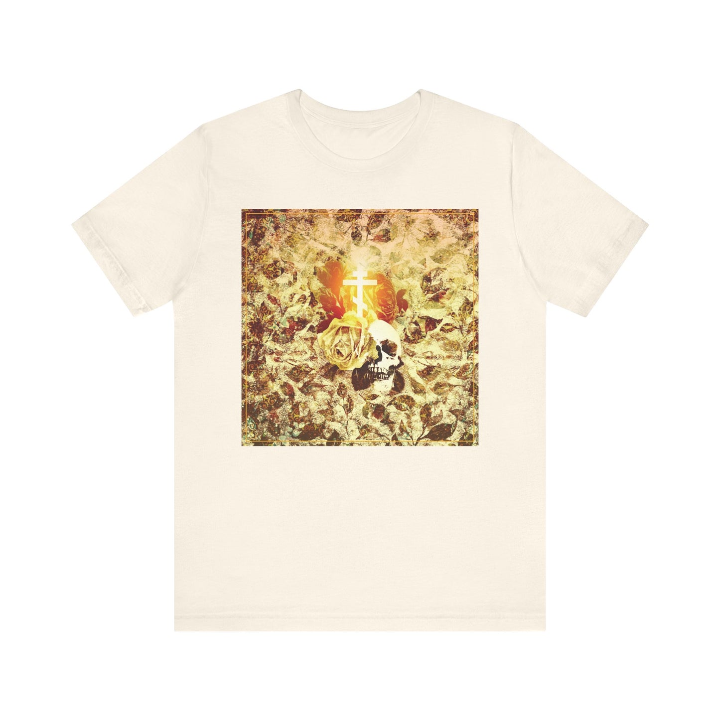 Natural unisex tee featuring a square floral texture with a yellow rose, white glowing Orthodox cross, and skull graphic. Inspired by Ezekiel’s valley of dry bones, this lightweight gothic Christian shirt blends style and meaning.
