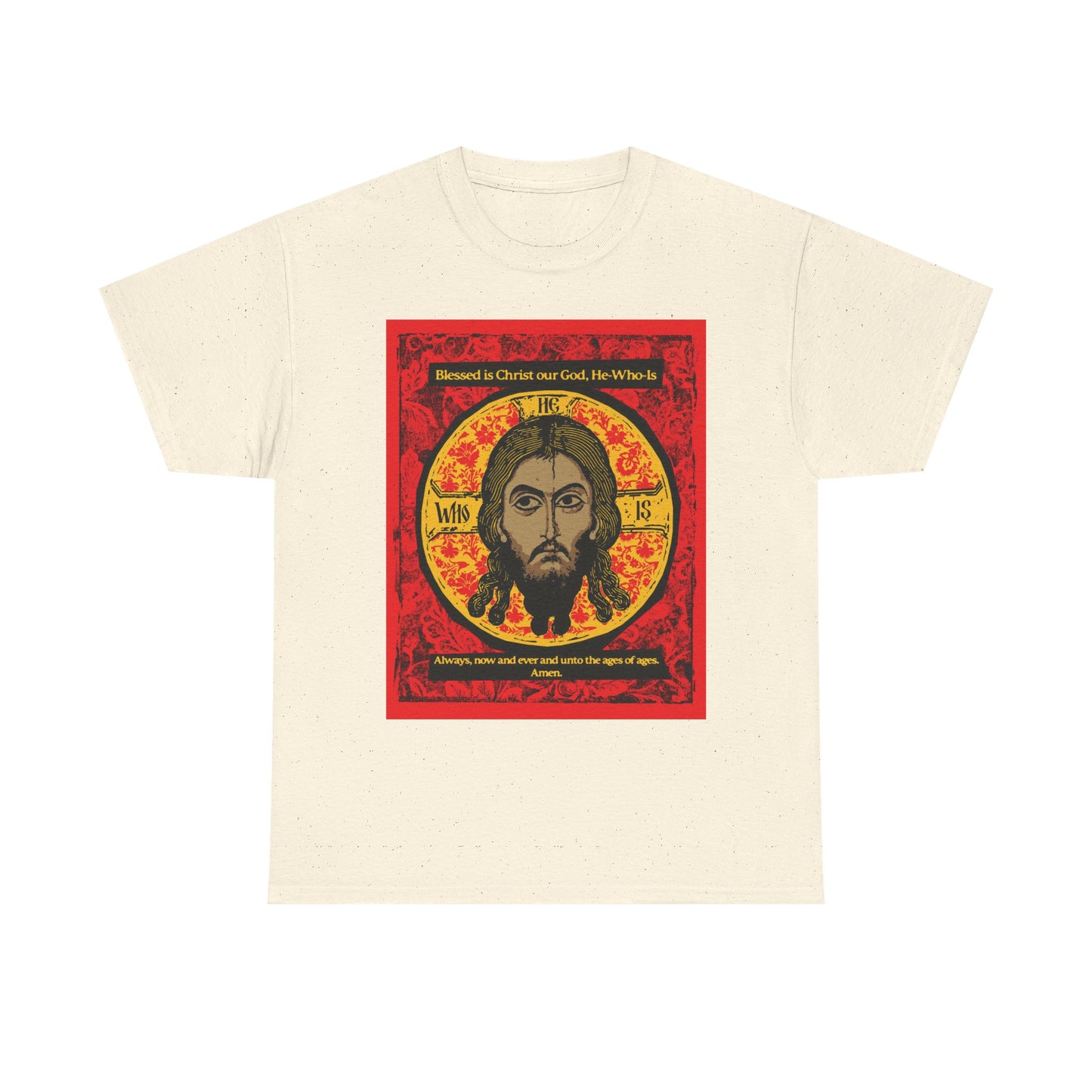Natural-color heavy cotton t-shirt with a Mandylion (Image of Edessa) Orthodox icon graphic of Jesus Christ and hymn-inspired religious text on a vivid red and gold background.
