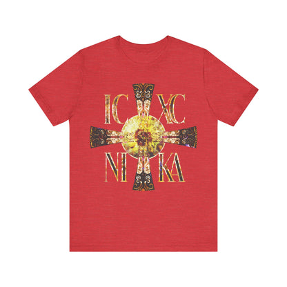 ICXC NIKA Celtic Style Equal Armed Cross | Bright Solar Texture | Orthodox Christian T-Shirt