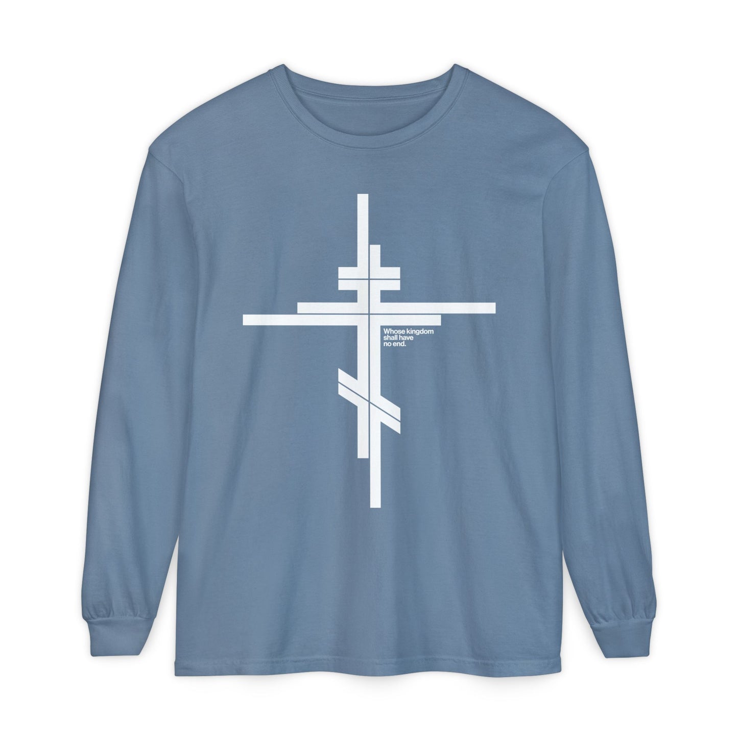 Whose Kingdom Shall Have No End | Luke 1:32-33 | Orthodox Cross | Modernist Minimalist Logo Style | Orthodox Long Sleeve Cotton Shirt