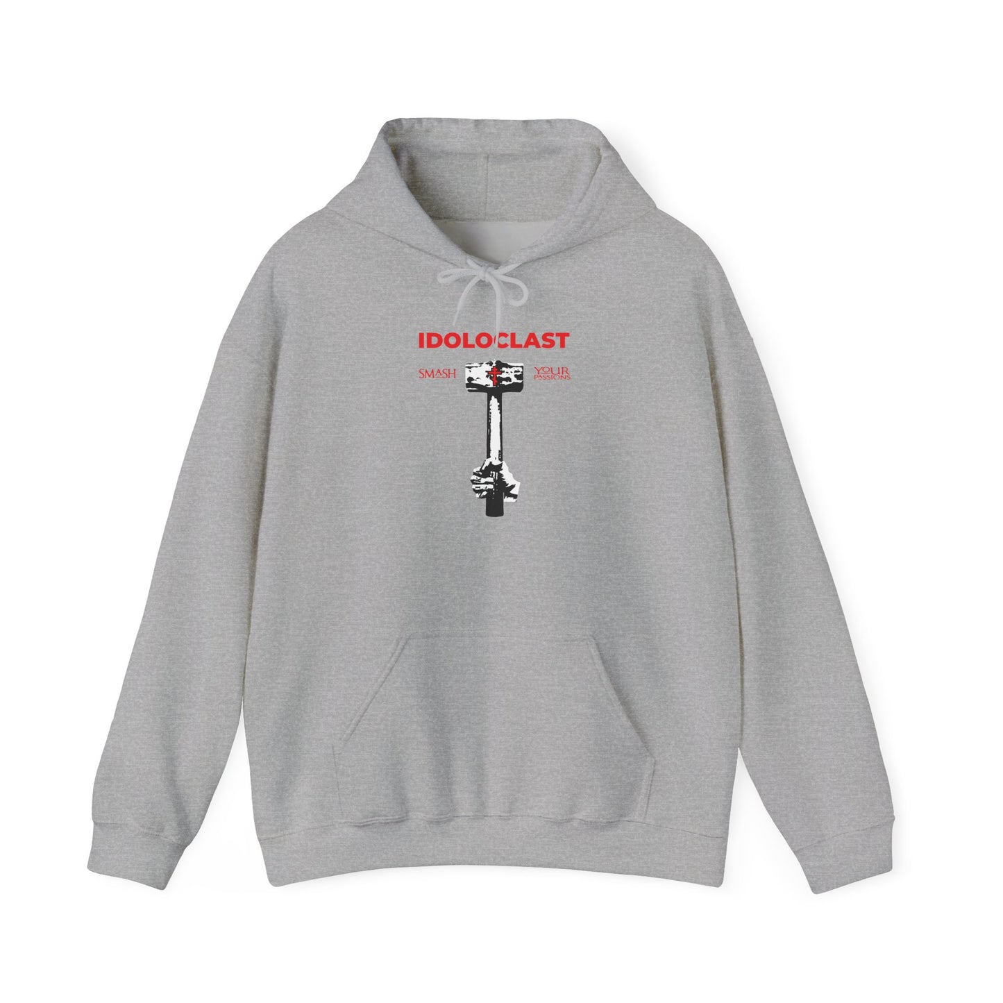 Sport Grey "Idoloclast Idol-Smasher" hoodie featuring ICXC NIKA text and a striking image of Jesus’ fist wielding a sledgehammer to smash passions—a bold Christian Orthodox ascetic statement inspired by spiritual strugglers like St. Macarius of Optina.