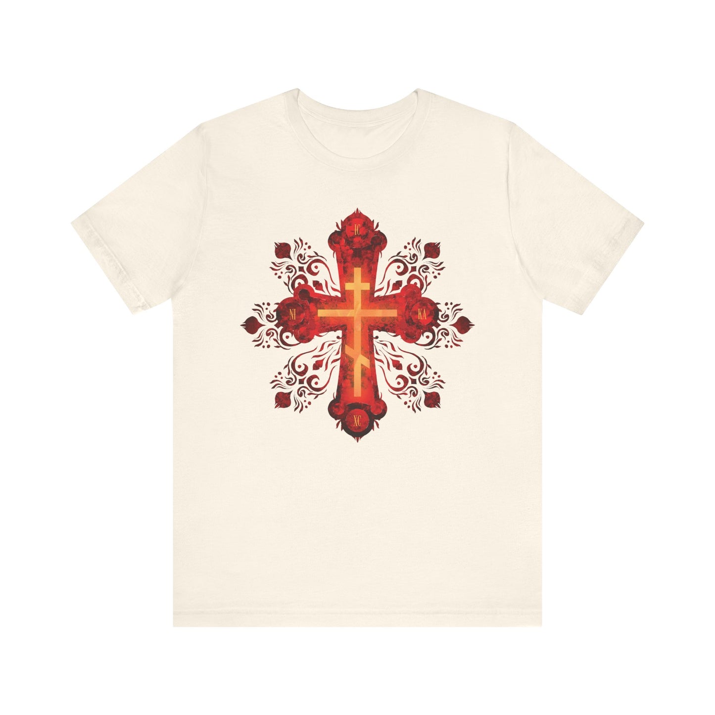 Natural lightweight cotton unisex tee featuring a red and gold ornate Russian-style Orthodox cross with “He was pierced for our transgressions” design, inspired by the courage of faith.