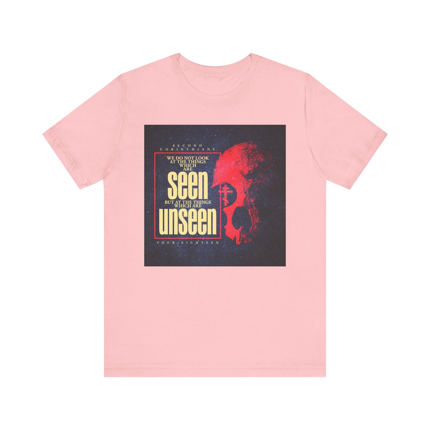 Pink "We Do Not Look At the Things Which Are Seen" t-shirt featuring a textured graphic of a red skull with an Orthodox cross, evocative text, and deep, moody tones—an inspired Christian design reflecting the enduring strength and glory described by St. Paul in 2 Corinthians.