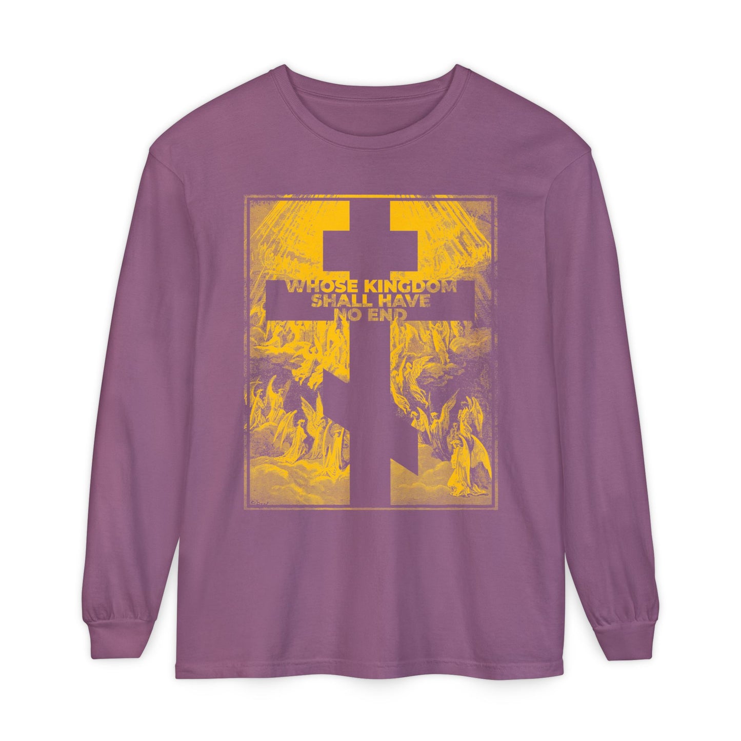 Berry long-sleeve shirt featuring a yellow cross and “WHOSE KINGDOM SHALL HAVE NO END” on the front, inspired by the Nicene Creed and Christian faith. Part of the Whose Kingdom Shall Have No End Orthodox Long Sleeve collection.