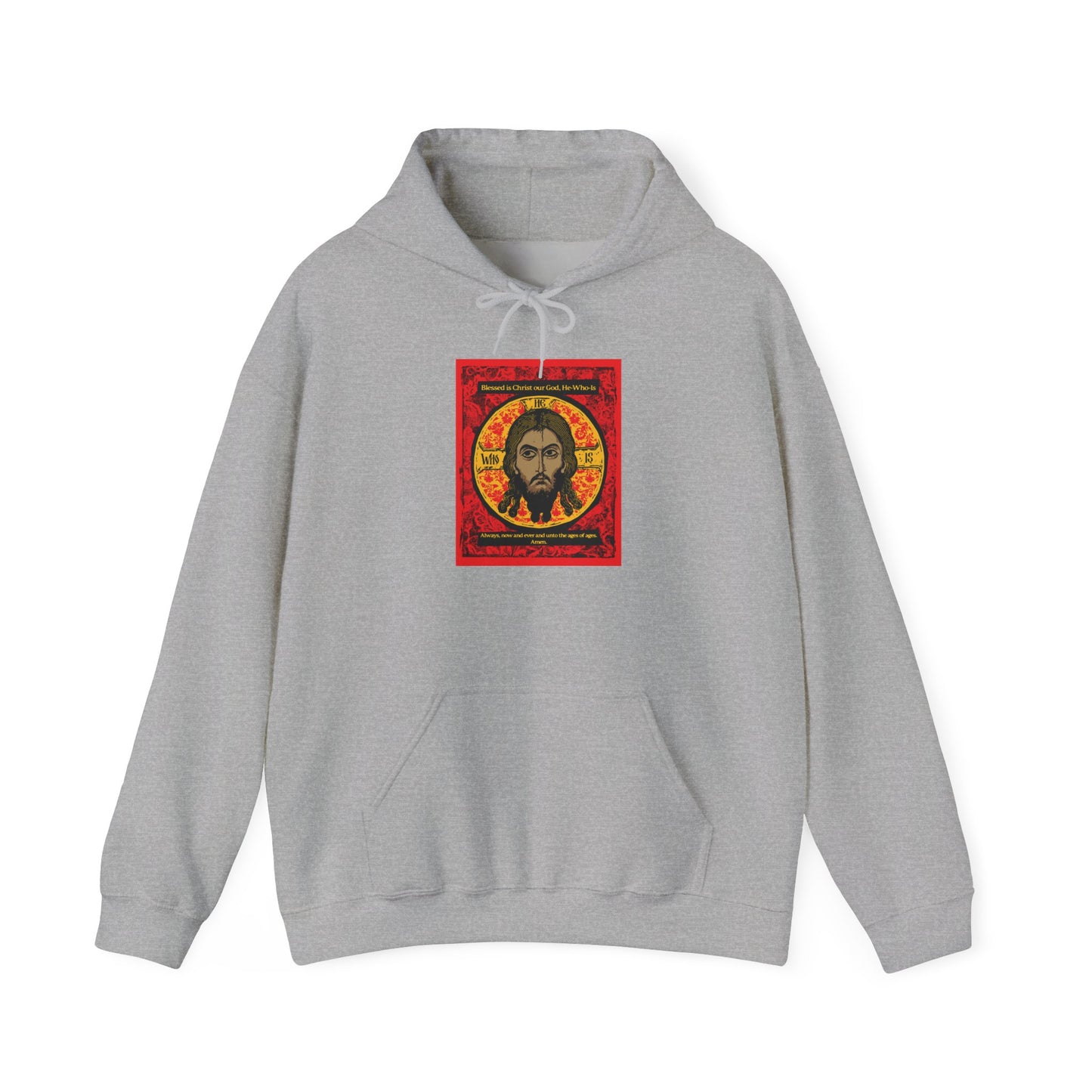Sport Grey hoodie featuring a vibrant, ornate graphic of the bearded face of Jesus Christ inspired by the Mandylion (Image of Edessa) Orthodox icon, set within a bold red, black, and yellow rectangular frame on the chest.