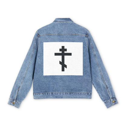 Medium denim wash jean jacket featuring a white back patch with a black Orthodox cross and the message: "May I Never Boast Except in the Cross of Our Lord Jesus Christ (Gal 6:14)." Orthodox inspired.