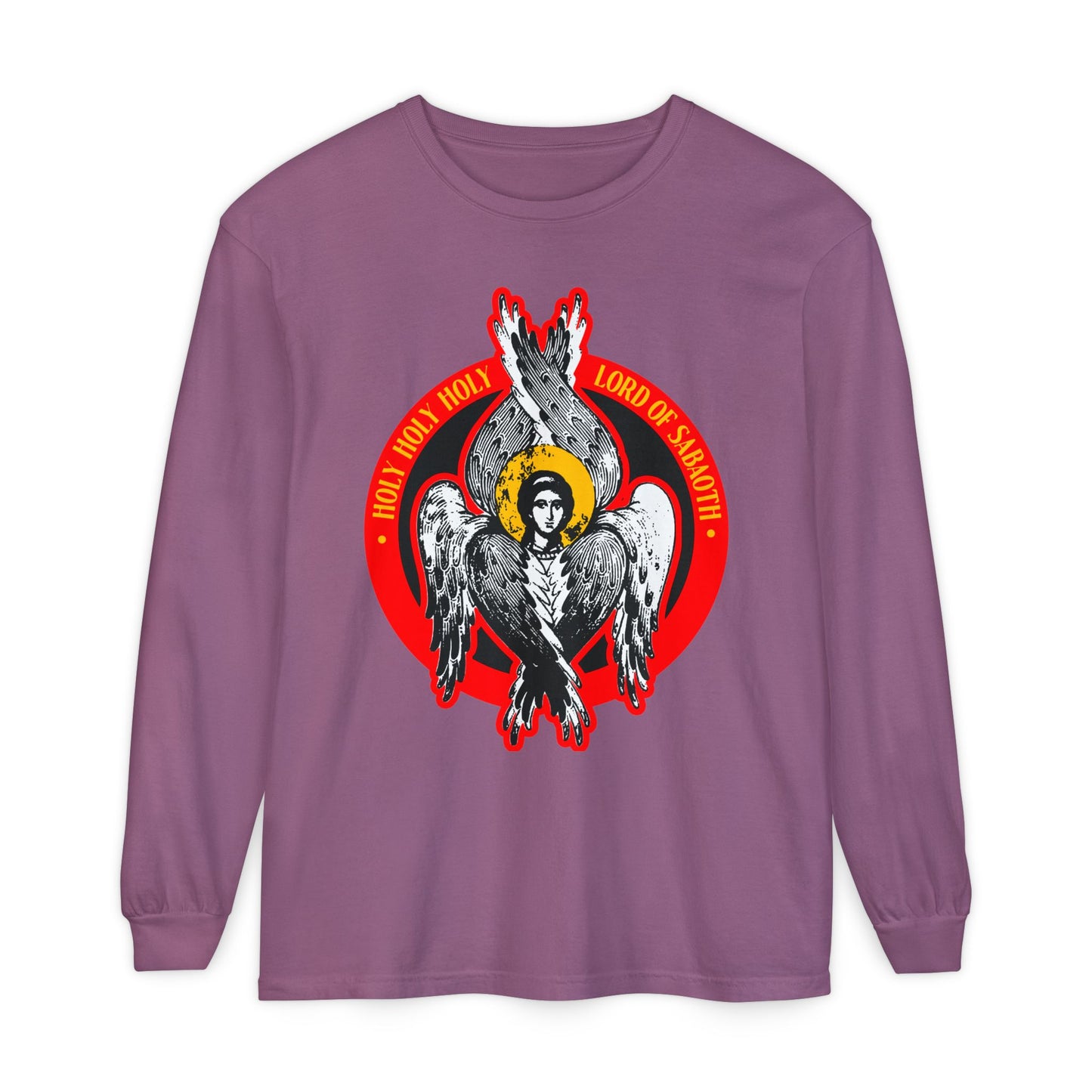 Berry long-sleeve shirt featuring an Orthodox seraphim angel graphic and "Holy Holy Holy, Lord of Sabaoth," inspired by Isaiah 6 and the unseen realm—Orthodox Christian Iconographic design.