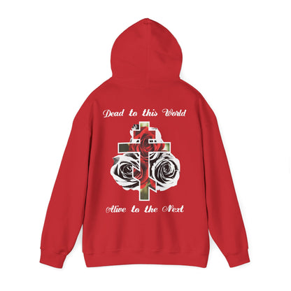 Dead to This World Alive to the Next Orthodox Cross & Gothic Rose BACK PRINT w/ Embroidered White Cross on Front Left Breast | Christian Hoodie