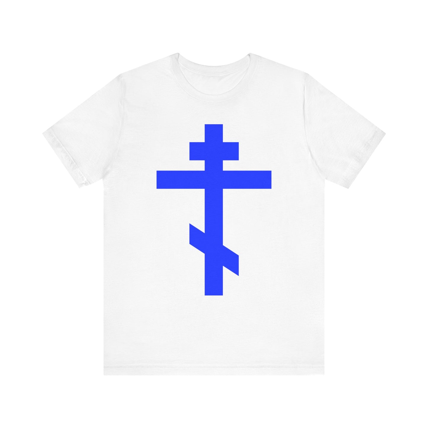 White Royal Blue Orthodox Tribar Cross lightweight cotton unisex tee featuring a large blue cross design on the front, inspired by the message "Preserve Thy People By Thy Cross, O Lord" and symbolizing salvation and devotion to Christ as King.