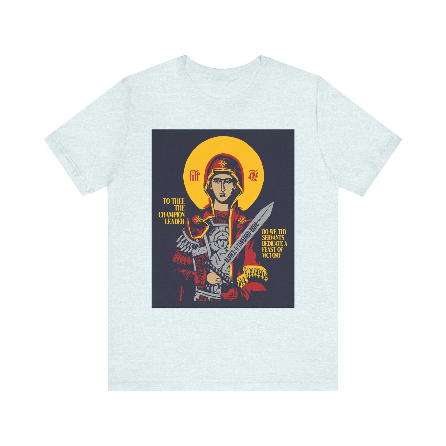 Heather Ice Blue unisex tee featuring the Theotokos with a sword, styled as an iconographic Champion Leader. Orthodox Christian lightweight cotton shirt with bold surrounding text symbolizing Divine Incarnation.