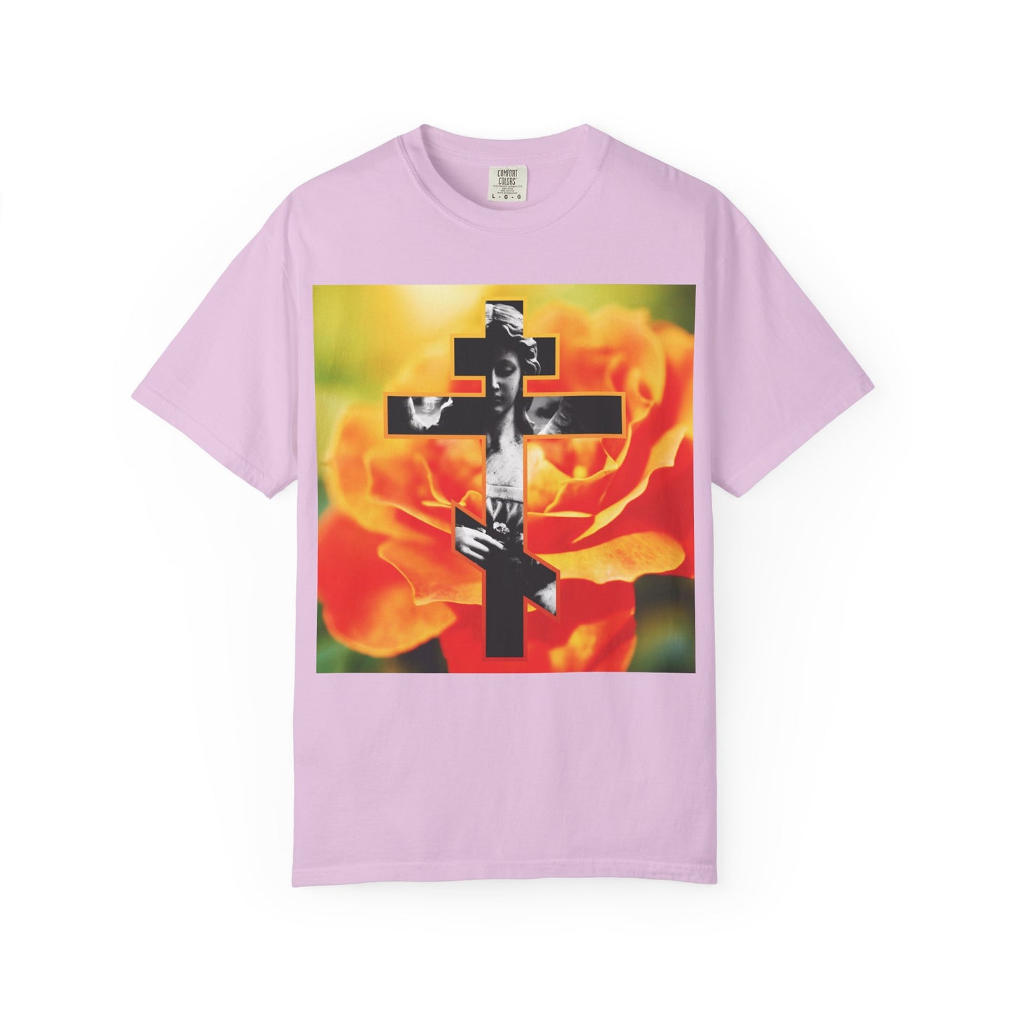 Orchid t-shirt featuring a cemetery statue angel cross over an orange rose with the message “Remember You Will Die” (Memento Mori), inspired by Orthodox Christian faith and St. Paul’s words about the cross of our Lord Jesus Christ, as referenced in Galatians 6:14.