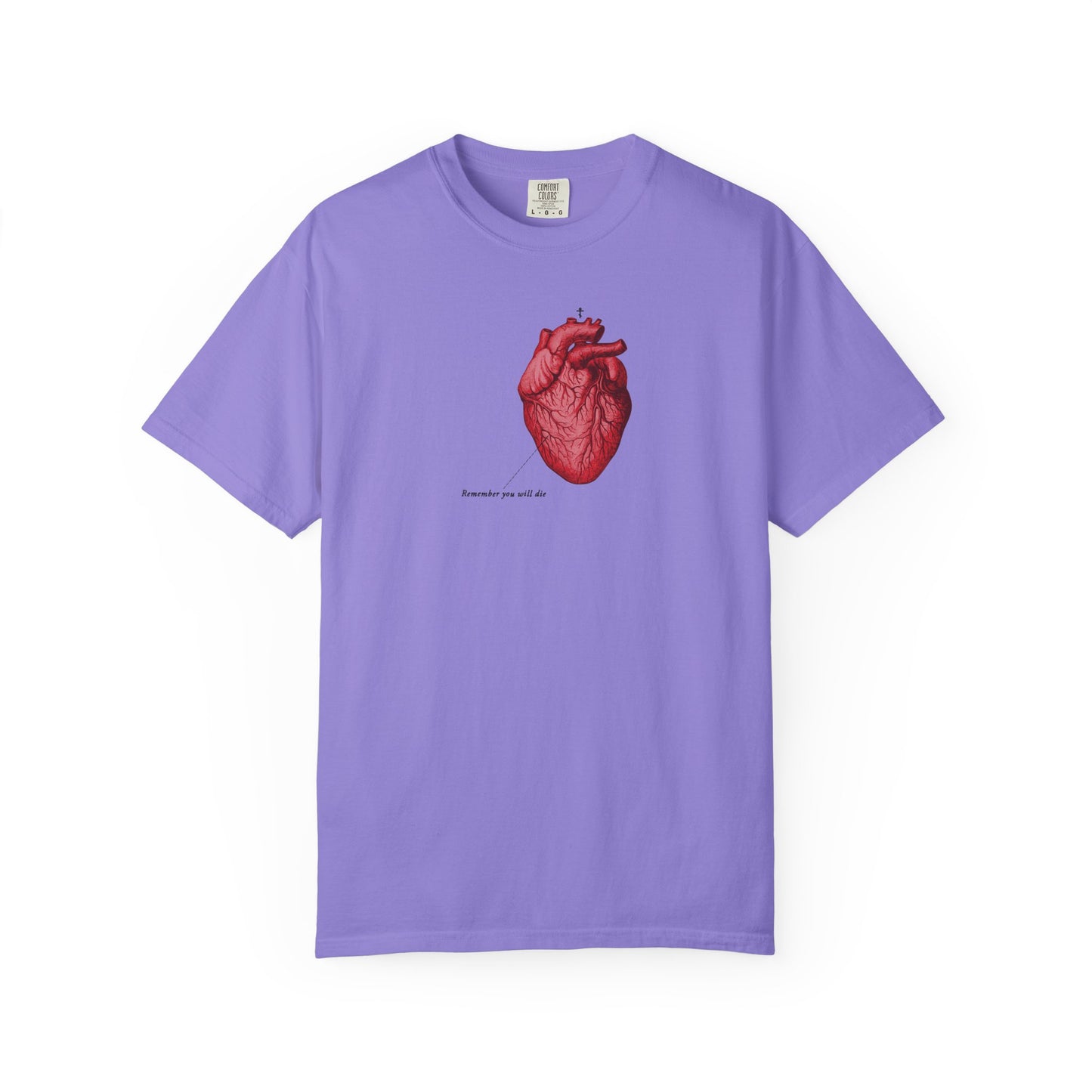 Violet heavyweight cotton unisex T-shirt featuring a retro medical textbook heart graphic and "Remember You Will Die"—a memento mori reminder that it’s later than you think.
