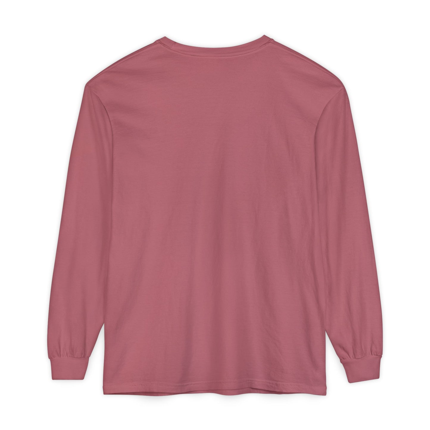 A plain, long-sleeve shirt in rose pink is shown from the back, featuring a white Orthodox cross detail and the message: “May I never boast, except in the cross of our Lord Jesus Christ” (Gal 6:14).