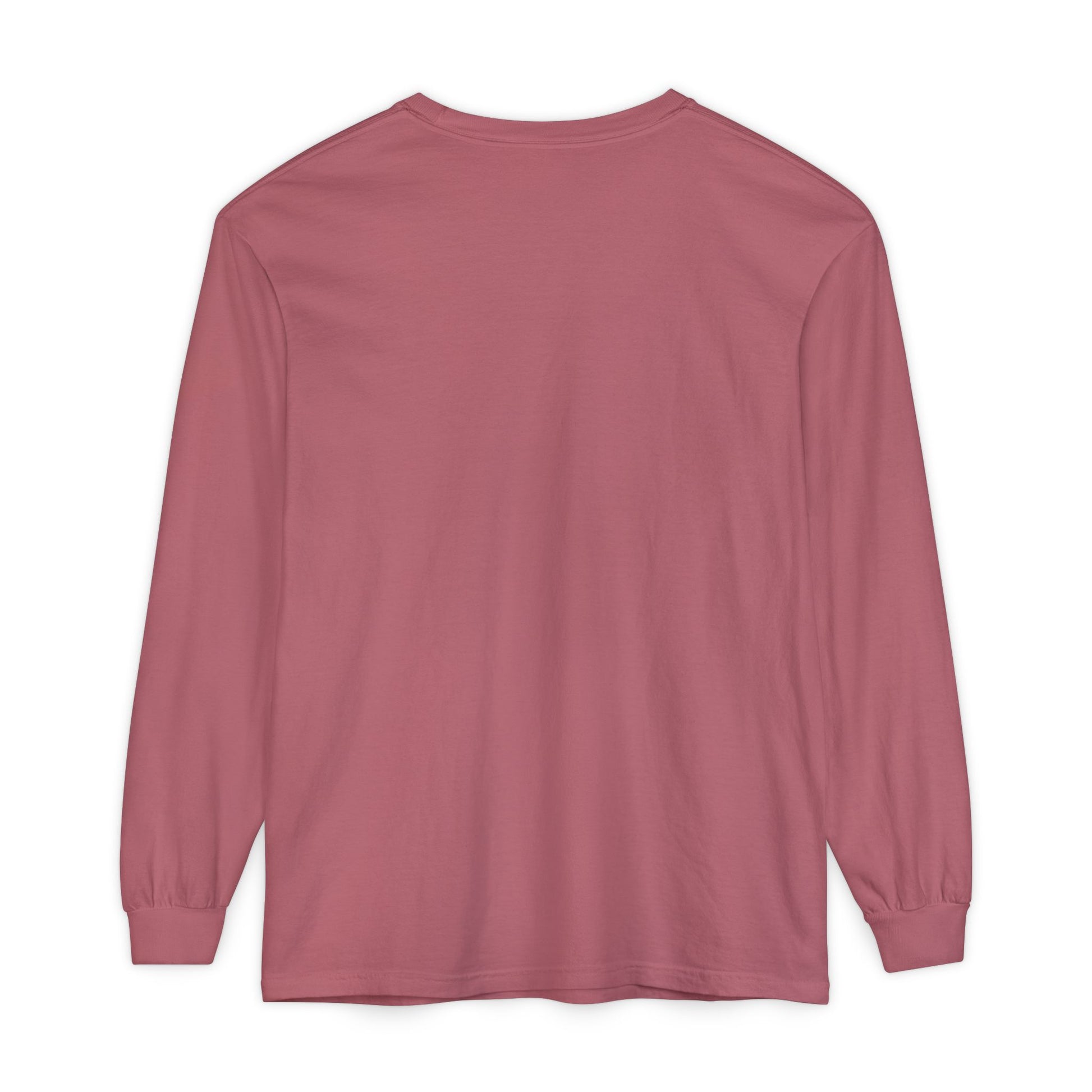 A plain, long-sleeve shirt in rose pink is shown from the back, featuring a white Orthodox cross detail and the message: “May I never boast, except in the cross of our Lord Jesus Christ” (Gal 6:14).