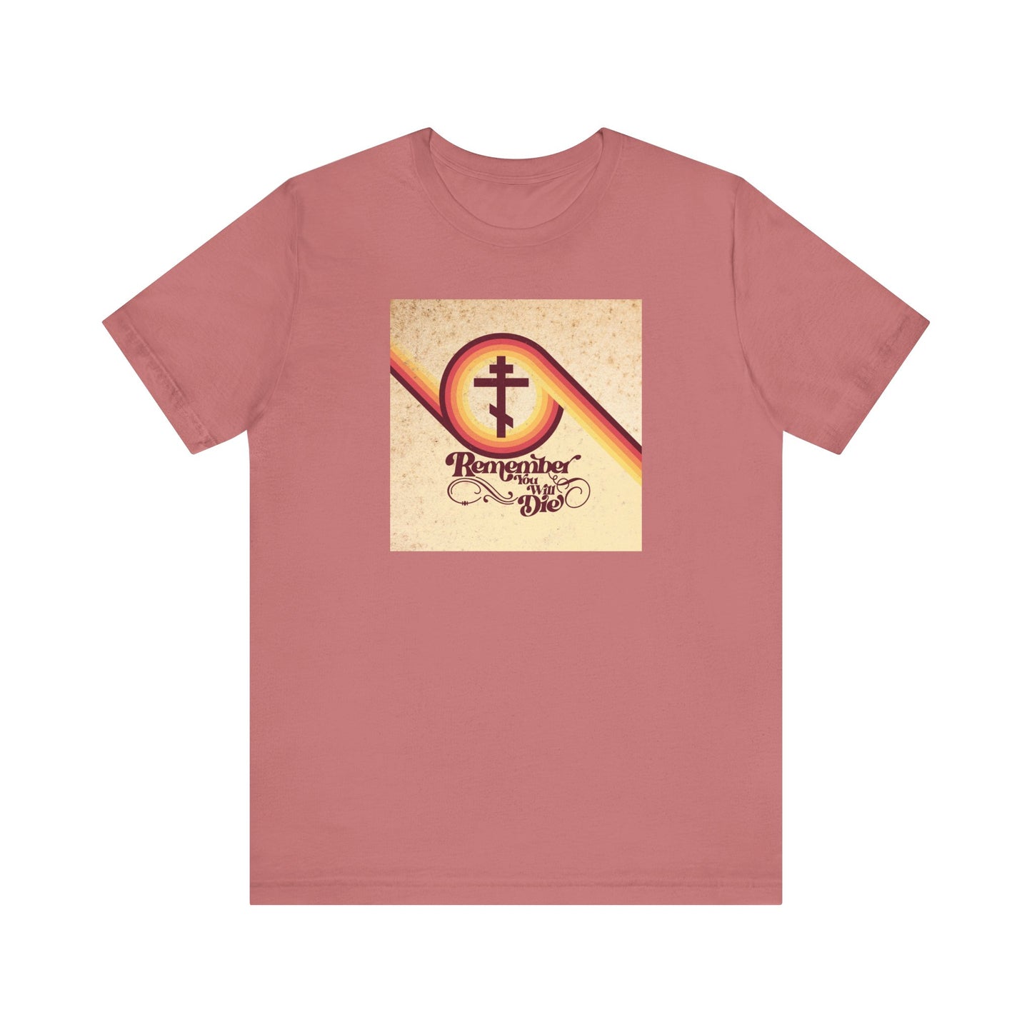 Mauve "Remember You Will Die" 70s Aesthetic Orthodox Christian unisex tee featuring a cross graphic and the script message “Remember Who You Are” on the front, inspired by the parable of the rich fool from Luke 12:16-21—a meaningful memento mori drawn from a well-known Bible story.