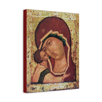 Igorevskaya Russian Icon of the Mother of God | Theotokos Tenderness (Eleusa) Orthodox Christian Icon—religious canvas wall art depicting Madonna and Child with a golden background and stylized, elongated faces, inspired by the Igorevskaya Icon from the Kiev-Pechersk Lavra and associated with Saint Igor Olgovich.