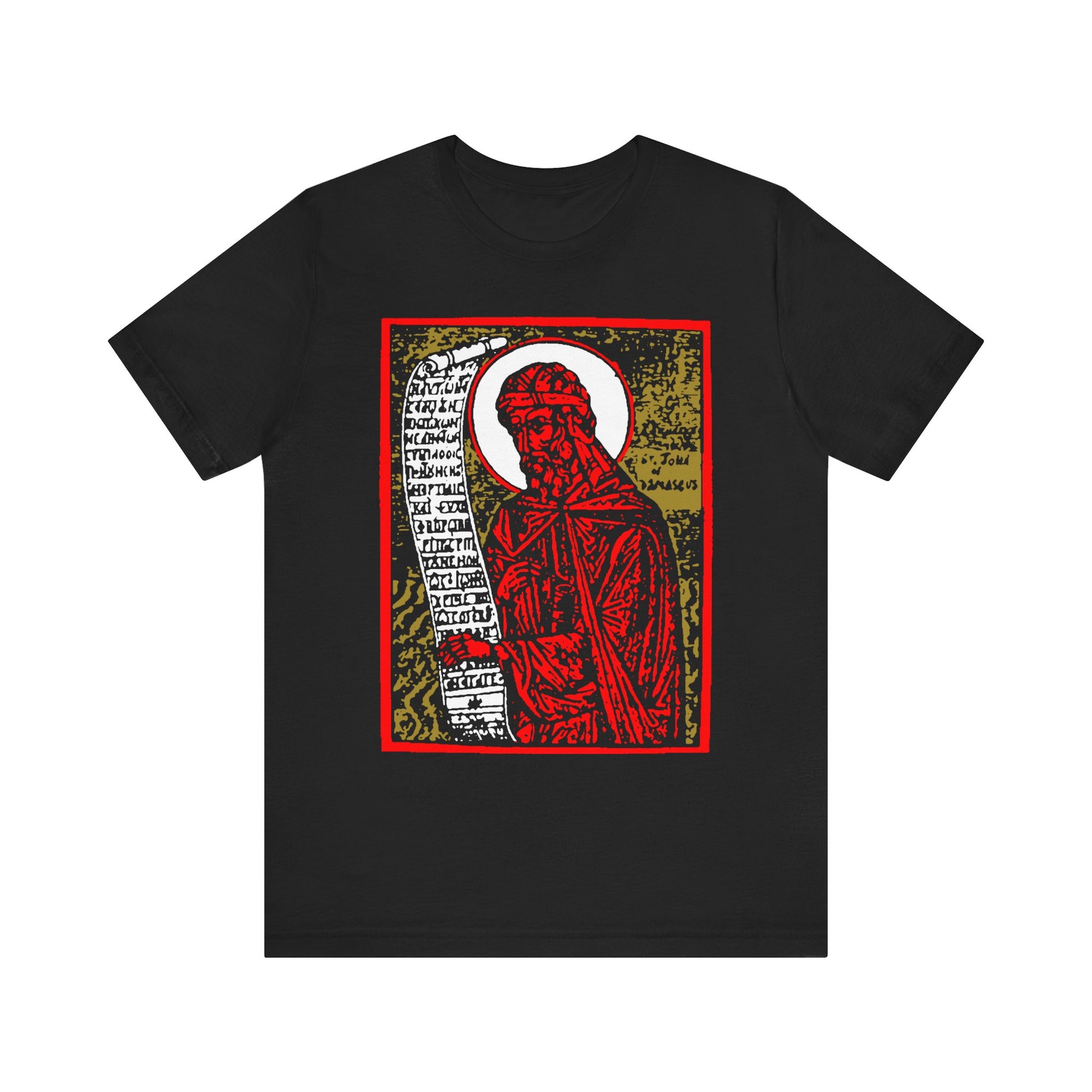 The St. John of Damascus Icono-Graphic Tee is a lightweight black cotton unisex shirt featuring a high-contrast red and gold Orthodox Christian saint design inspired by funeral hymns and Stichera for the Dead.