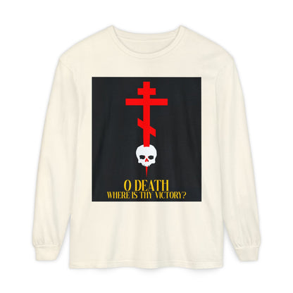 O Death Where is Thy Victory? (1 Corinthians 15:55) | Cross Stabbing Skull | Yellow Text | Orthodox Christian Long Sleeve Shirt