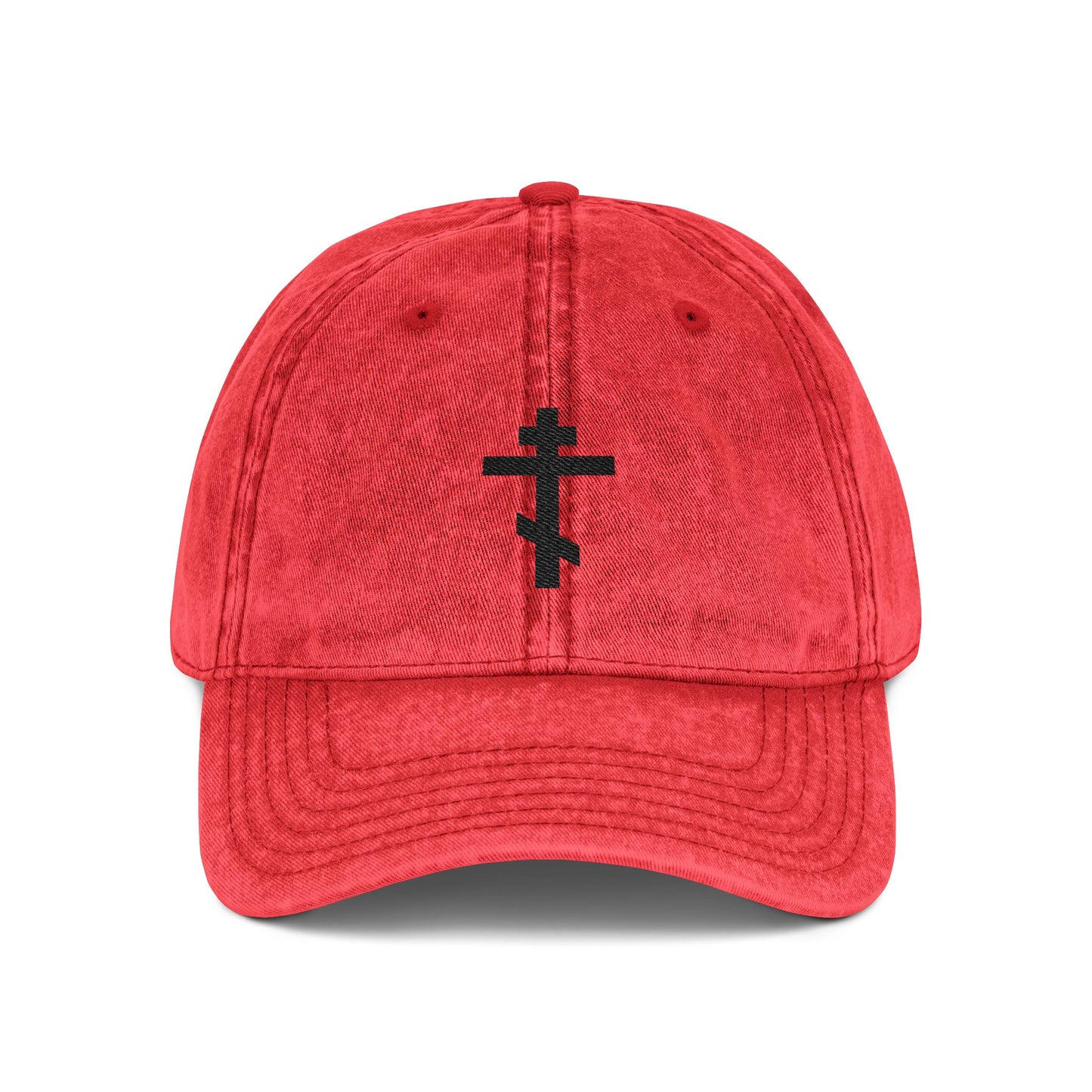 Red minimalist distressed cap, featuring a simple black Orthodox TriBar Cross embroidered on the front, inspired by "Crucify My Ego to the Precious and Life Giving Cross.