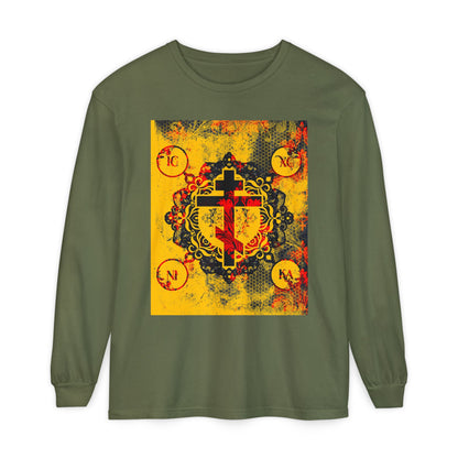 IC XC NIKA Orthodox Cross | Yellow & Red Modern & Medieval Textured Floral Design | Orthodox Christian Long Sleeve Shirt