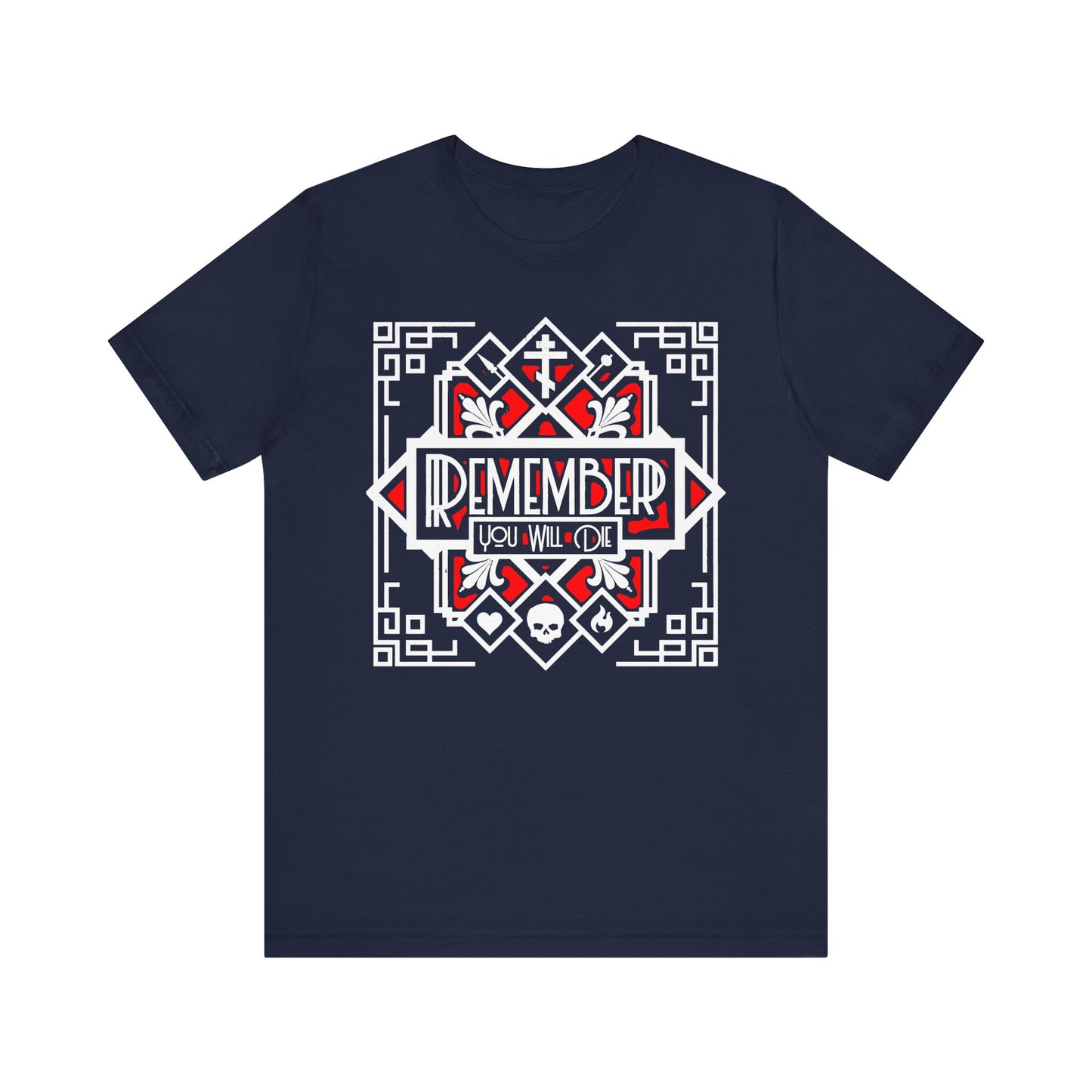 Navy "Remember You Will Die | Red and White Art Deco Design" lightweight cotton t-shirt featuring an Orthodox Christian memento mori heart skull fire motif, inspired by St Ignatius Brianchaninov.