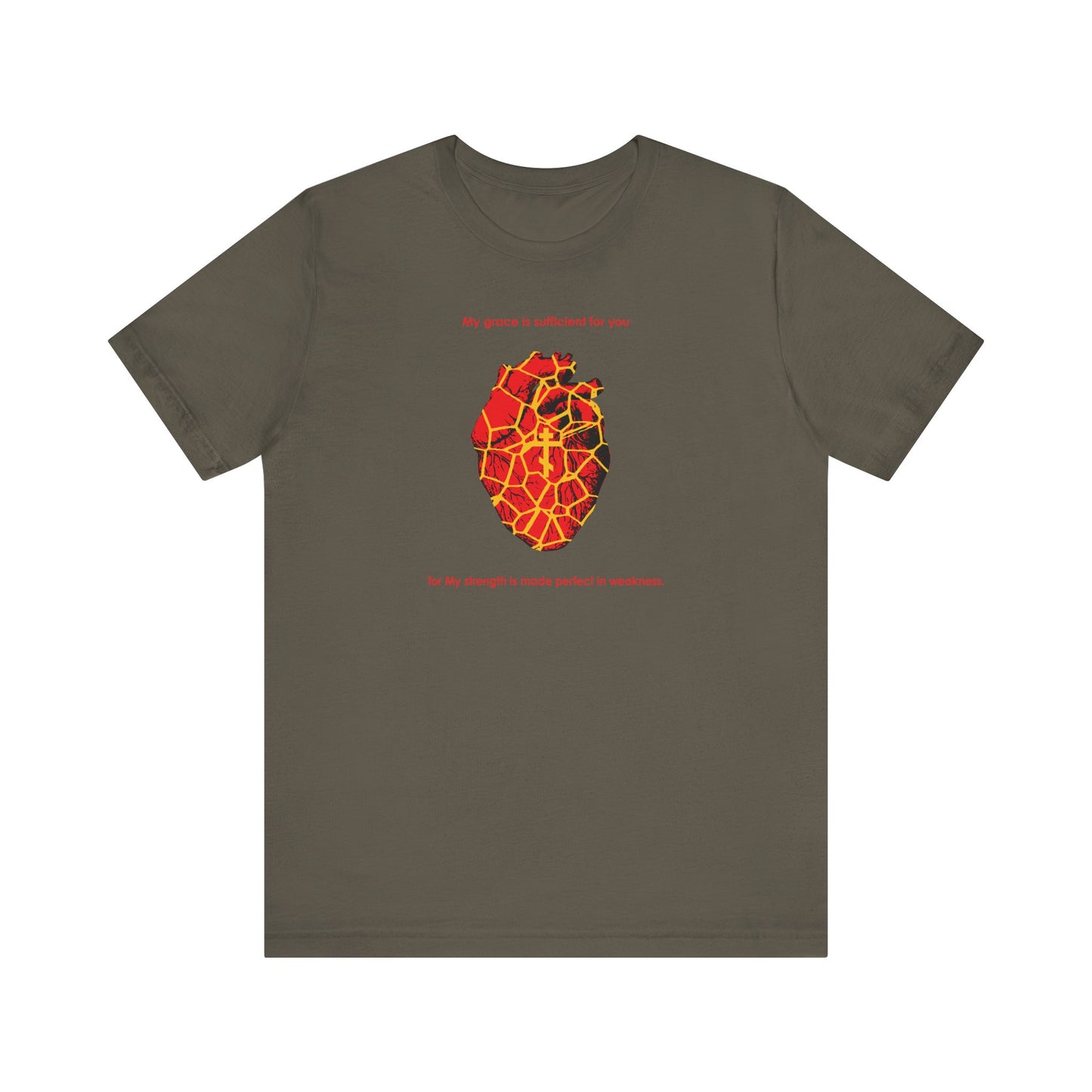 My Strength is Made Perfect in Weakness (2 Cor 12:9) | Kintsugi Style Golden Broken Heart | Orthodox Cross | Lightweight Cotton Unisex Tee