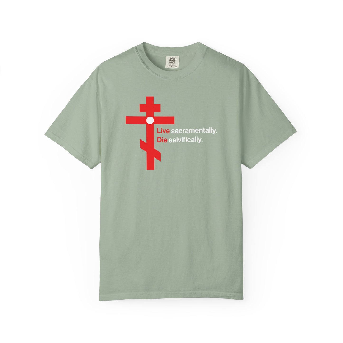 Live Sacramentally, Die Salvifically | Remember You Will Die | Memento Mori | Red Orthodox Cross White Circle | Heavyweight Cotton Unisex Tee