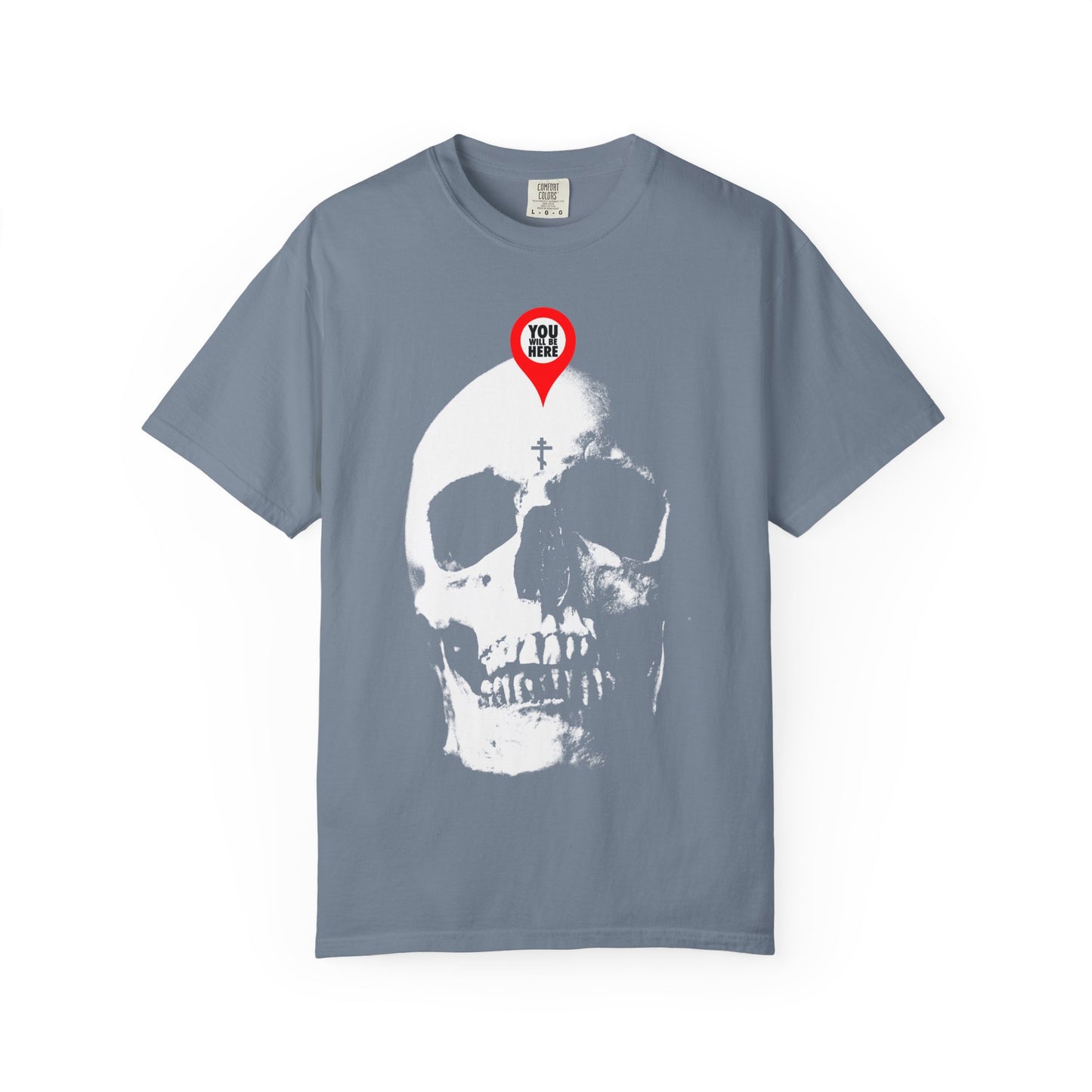 Blue Jean heavyweight cotton unisex tee featuring a bold white skull with a red map marker on the forehead—Memento Mori design inspired by "What You Are I Once Was," reminding us of mortality in line with Orthodox tradition.