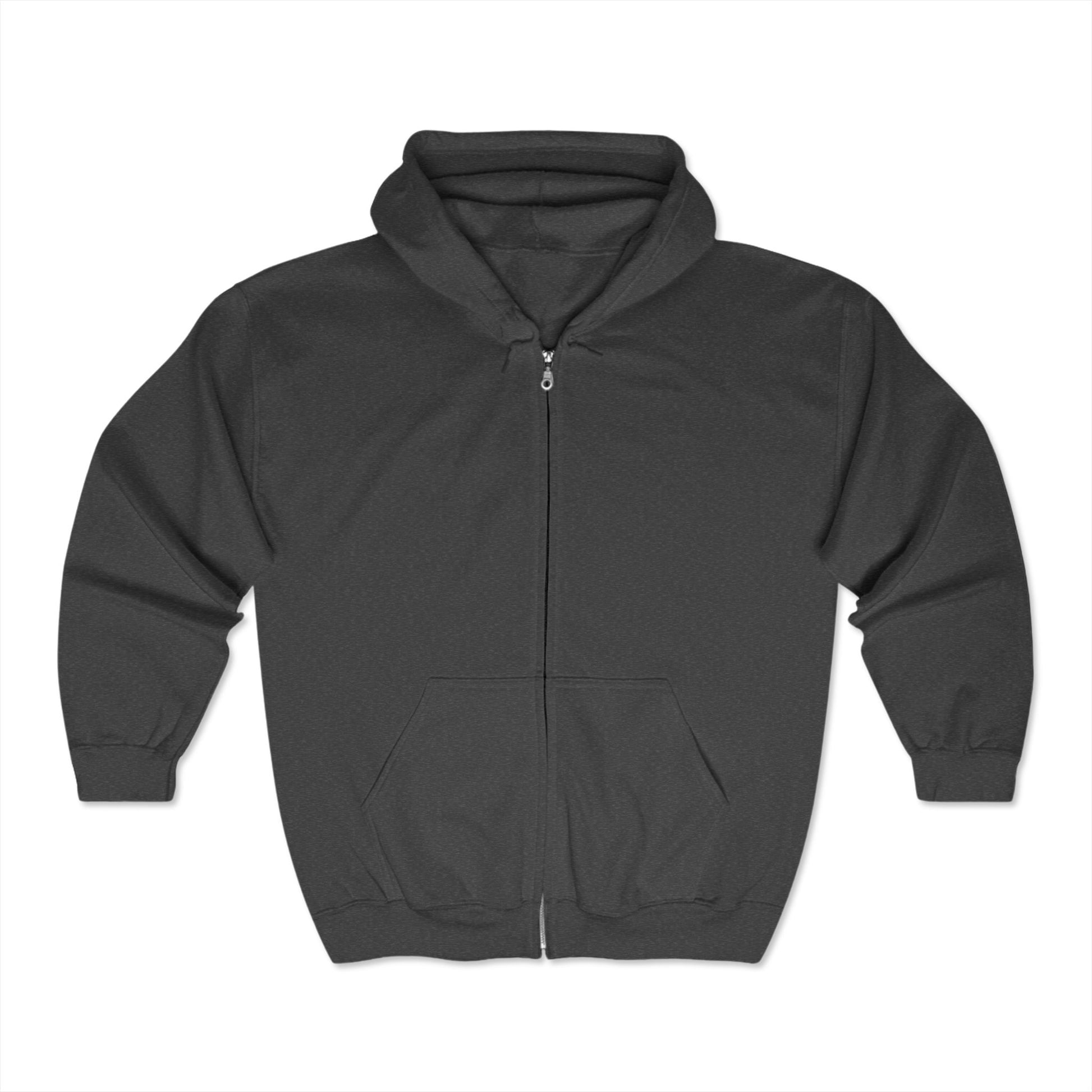 Dark heather zip-up hoodie with hood and pockets, laid flat on white—featuring a skull with cross on gold manuscript texture and "To Live is Christ, to Die is Gain" Philippians 1:21 (back design).
