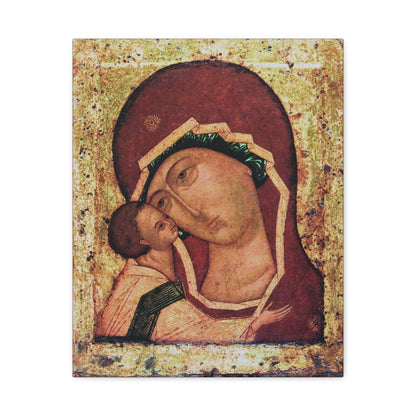 Experience the Igorevskaya Russian Icon of the Mother of God—Theotokos Tenderness (Eleusa)—featuring the Virgin Mary gently embracing the Christ Child against a radiant gold background, with artfully worn edges evocative of the revered icon venerated at Kiev-Pechersk Lavra. This Orthodox Christian religious canvas wall art captures the spirit and beauty of a cherished tradition.