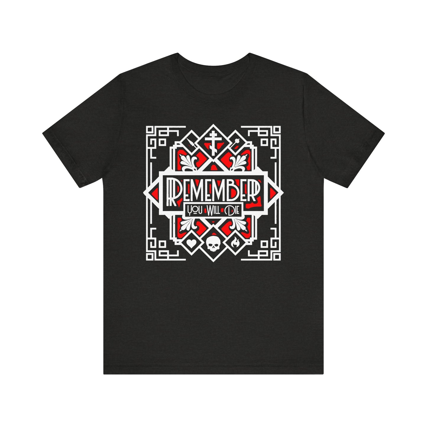 Black Heather t-shirt featuring a bold red and white art deco heart skull fire design with the words "Remember You Will Die"—a striking memento mori inspired by Orthodox Christian tradition, echoing the wisdom of St. Ignatius Brianchaninov.
