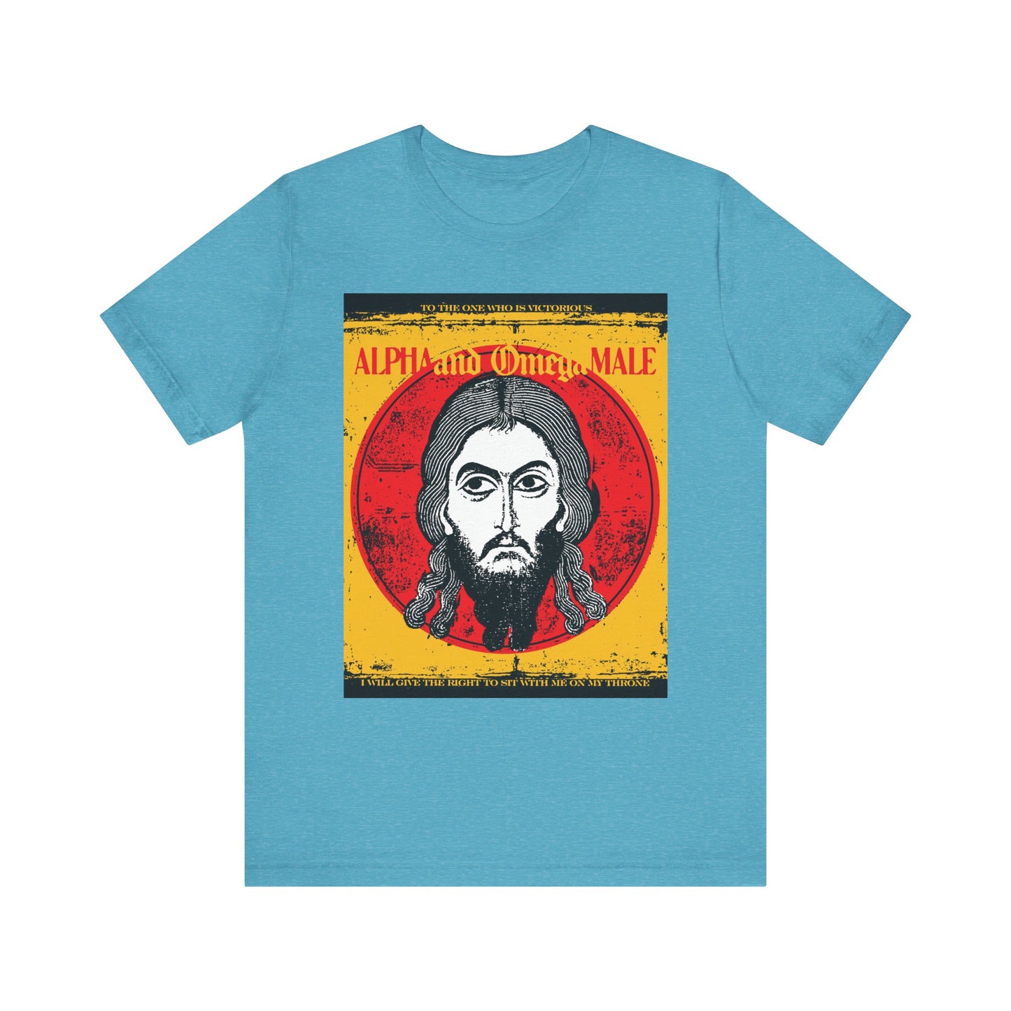 Heather Aqua unisex tee featuring the Image of Edessa IkonoGraphic of Jesus Christ, bold “Alpha & Omega Male” text, and inspired by Christian resurrection—Orthodox lightweight cotton.