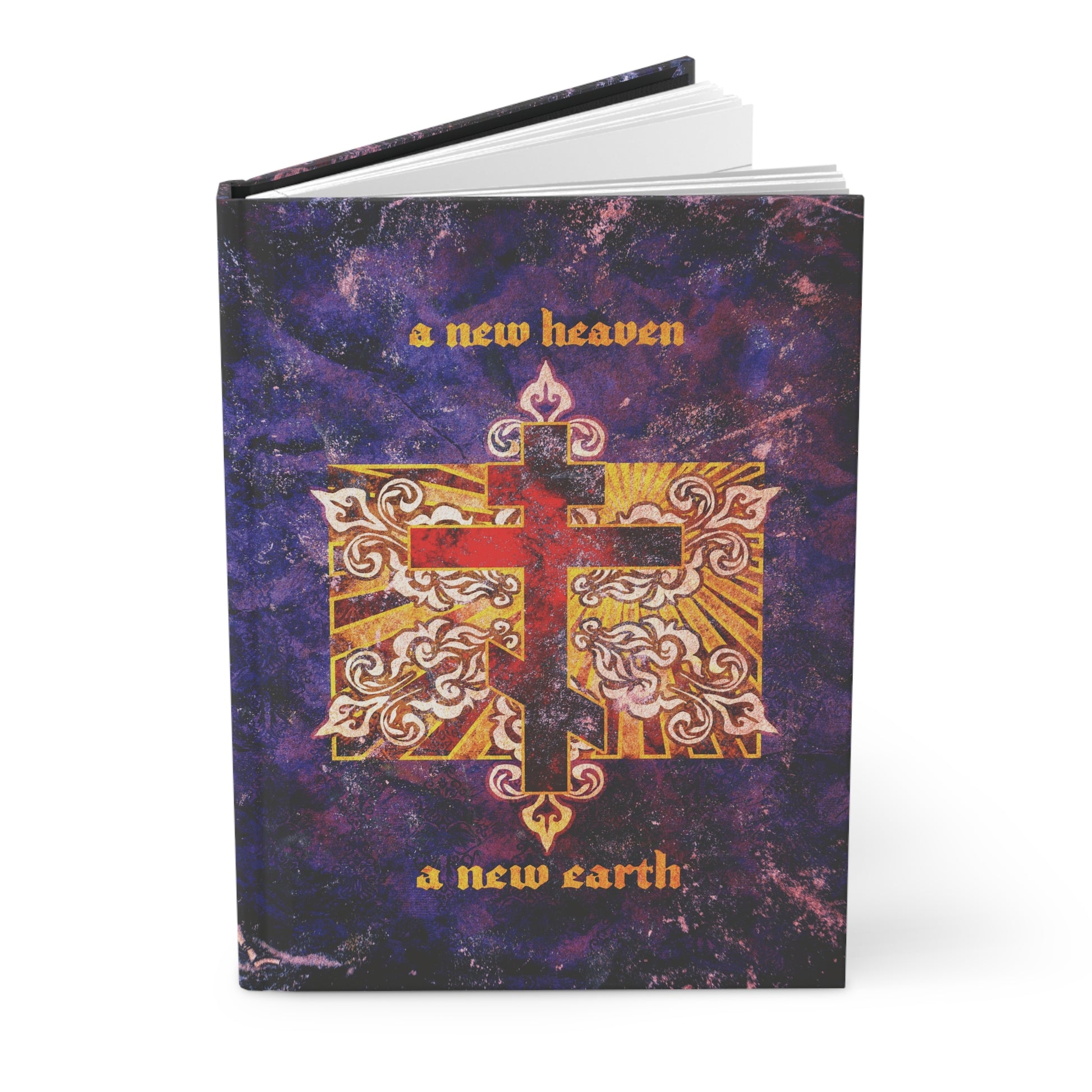 Purple hardcover journal featuring a red Orthodox cross on a textured ornate background with "A New Heaven/A New Earth" on the cover; inspired by Orthodox Christian apocalyptic themes.
