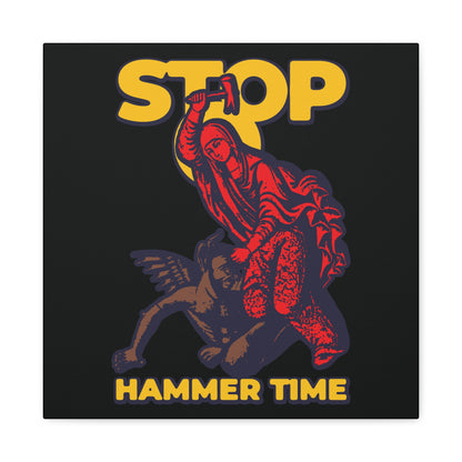 Illustration of St Marina of Antioch beating the devil with a hammer, featuring “STOP, HAMMER TIME” in bold yellow letters. Modern Orthodox meme-inspired Christian wall art in red, blue, and yellow.