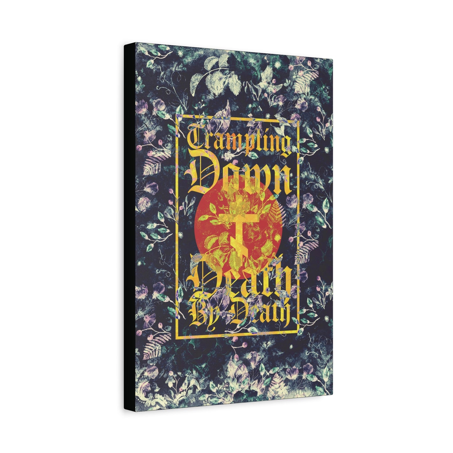 Trampling Down Death By Death | Paschal Floral Design with Gothic Script and Three-Bar Cross | Orthodox Christian Canvas Art