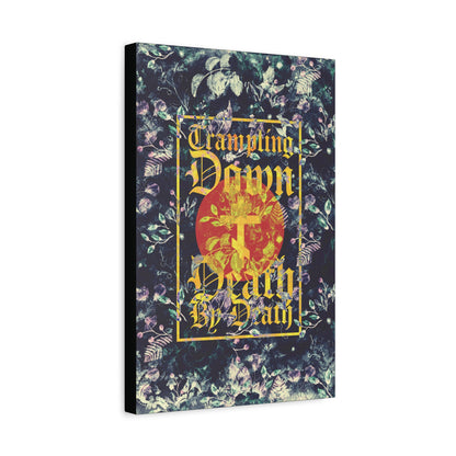 Trampling Down Death By Death | Paschal Floral Design with Gothic Script and Three-Bar Cross | Orthodox Christian Canvas Art