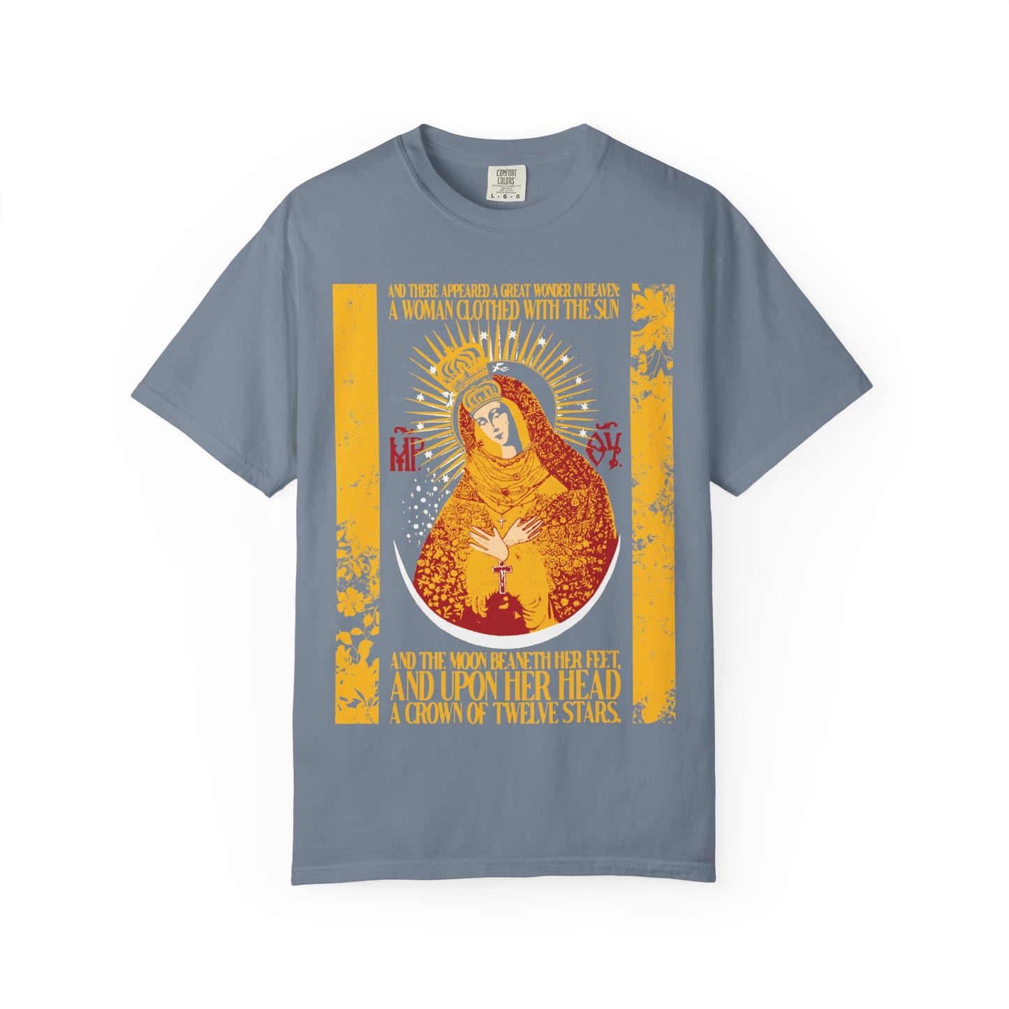 Blue Jean heavyweight unisex T-shirt featuring the "Our Lady the Gate of Dawn | Woman of the Apocalypse Rev 12:1" Theotokos gold floral texture design, inspired by Revelation 12:1.