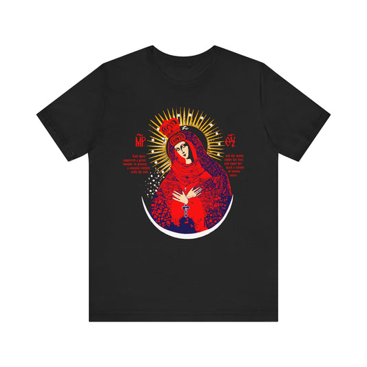 Black t-shirt featuring the Our Lady the Gate of Dawn Icono-Graphic, inspired by the renowned Vilnius icon, with stylized red and gold details and a crowned Theotokos motif. Lightweight cotton unisex fit.