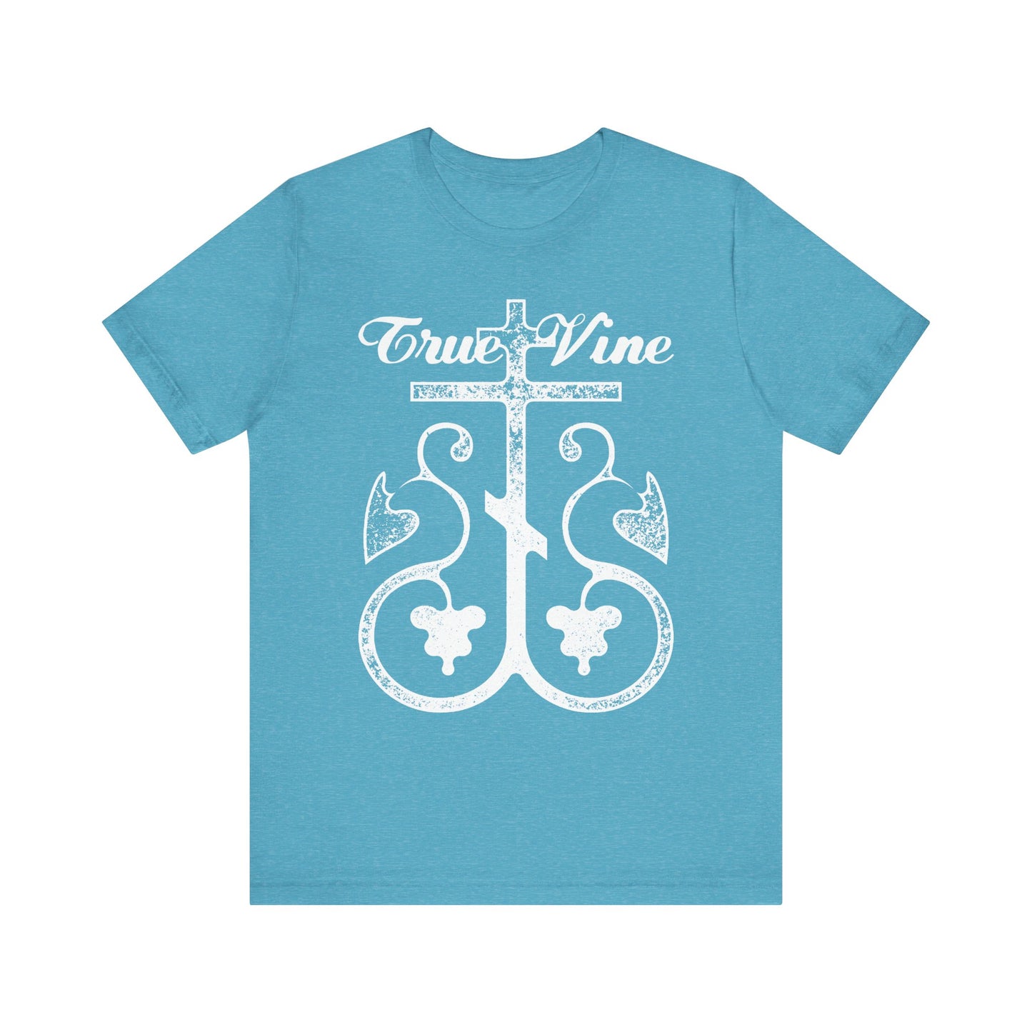 Heather Aqua unisex t-shirt with an Orthodox cross and grape vine photocopy design, inspired by John 15 & Ezekiel 15. Features “I Am the True Vine” text. Lightweight cotton.