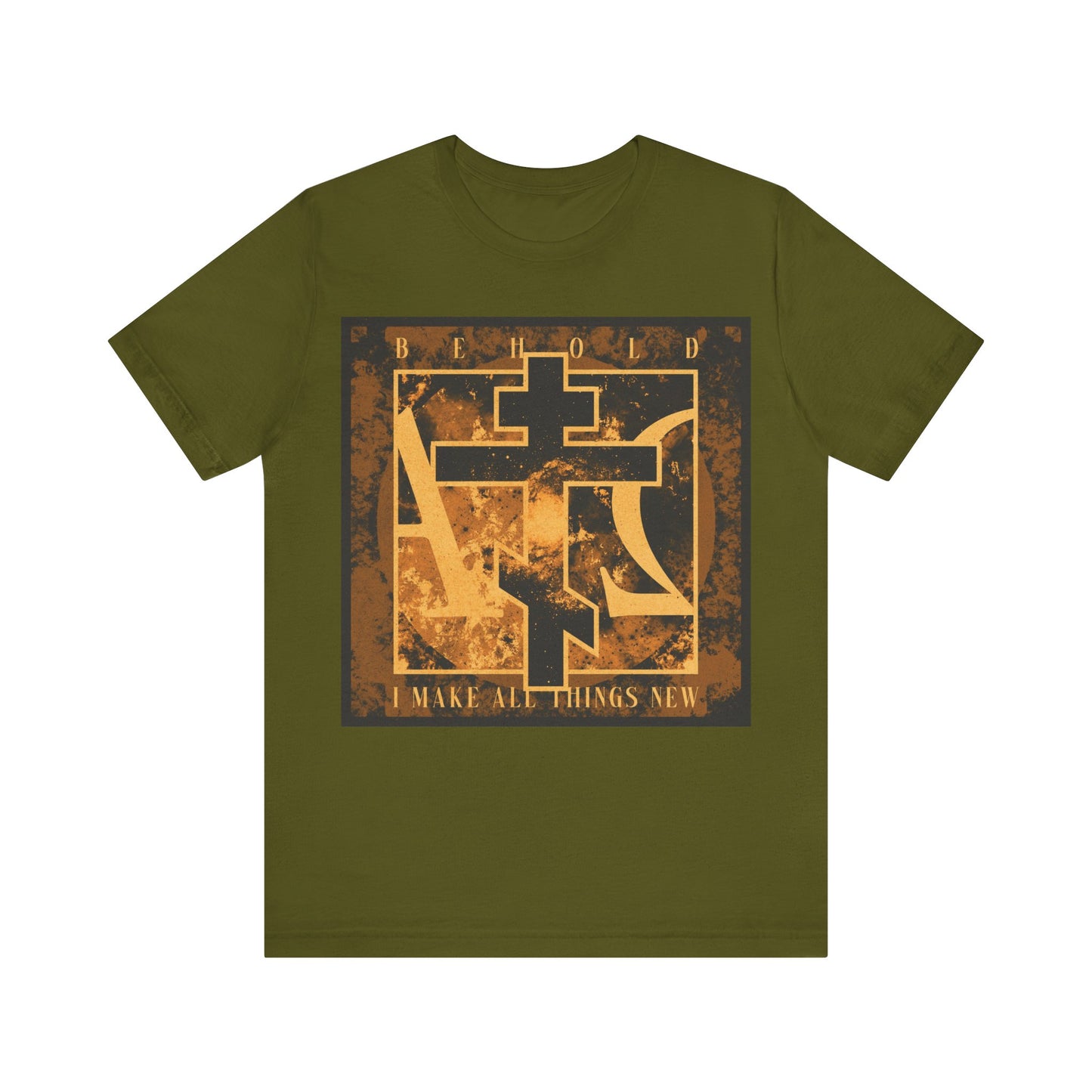 Olive cotton t-shirt featuring a brown & orange Orthodox cross with alpha & omega symbols, and "Behold, I Make All Things New" (Rev 21:5) on the front.